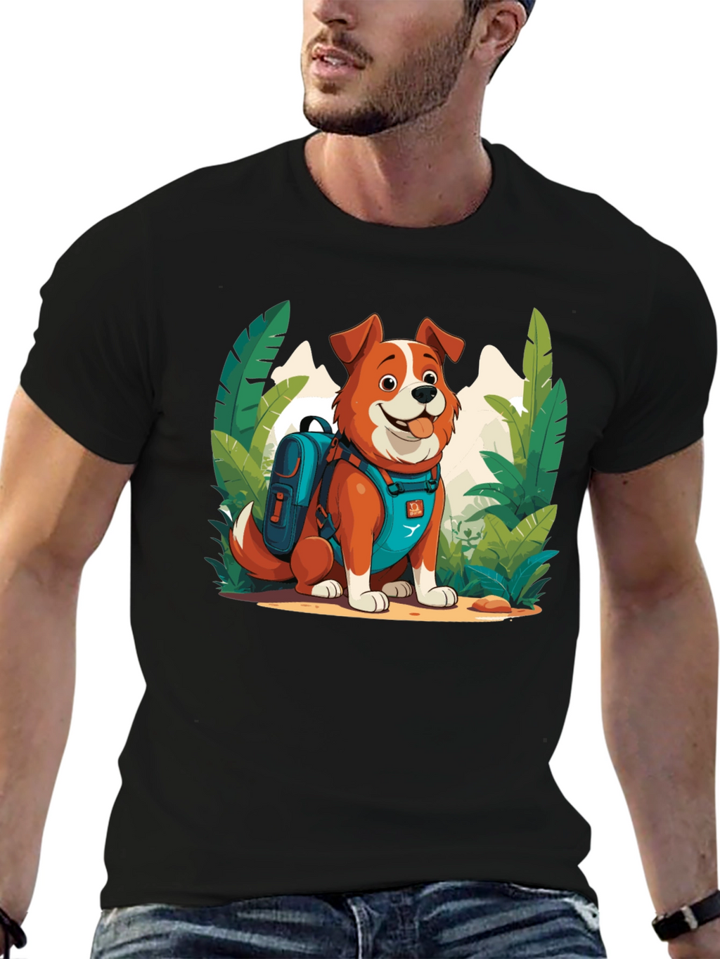 Dog Hiker Cartoon Graphic T-Shirt