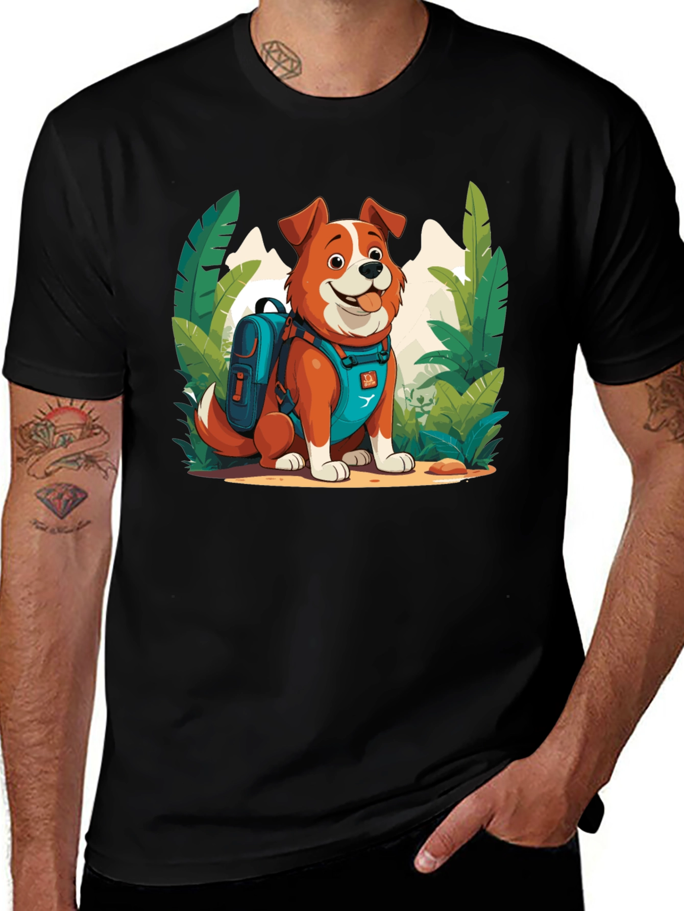 Dog Hiker Cartoon Graphic T-Shirt