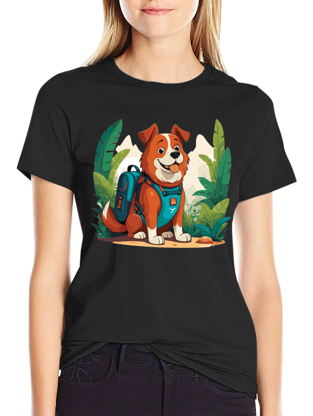Dog Hiker Cartoon Graphic T-Shirt