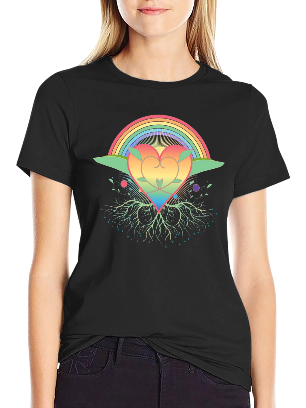 Rainbow Heart Tree Black T-Shirt