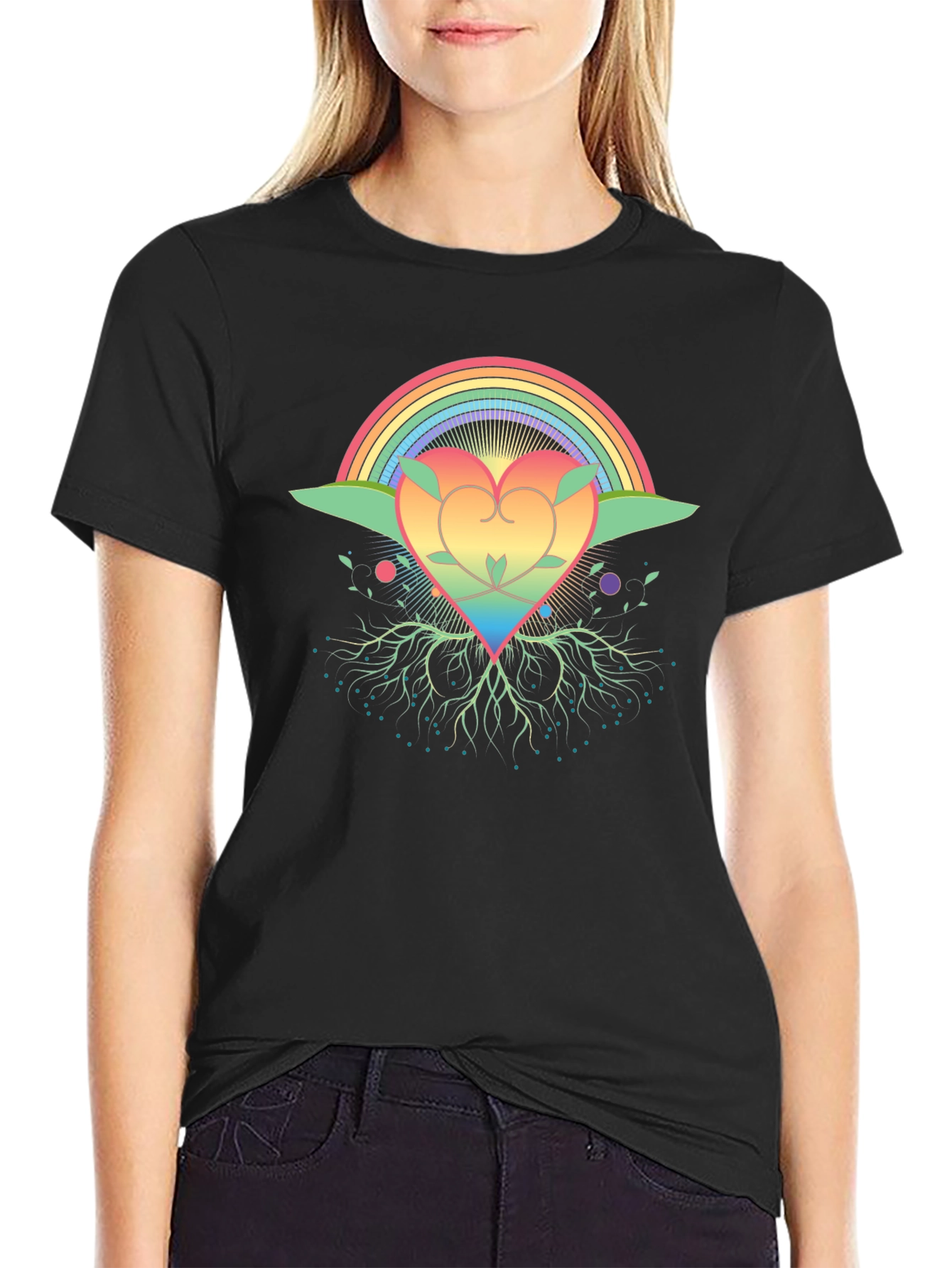 Rainbow Heart Tree Black T-Shirt