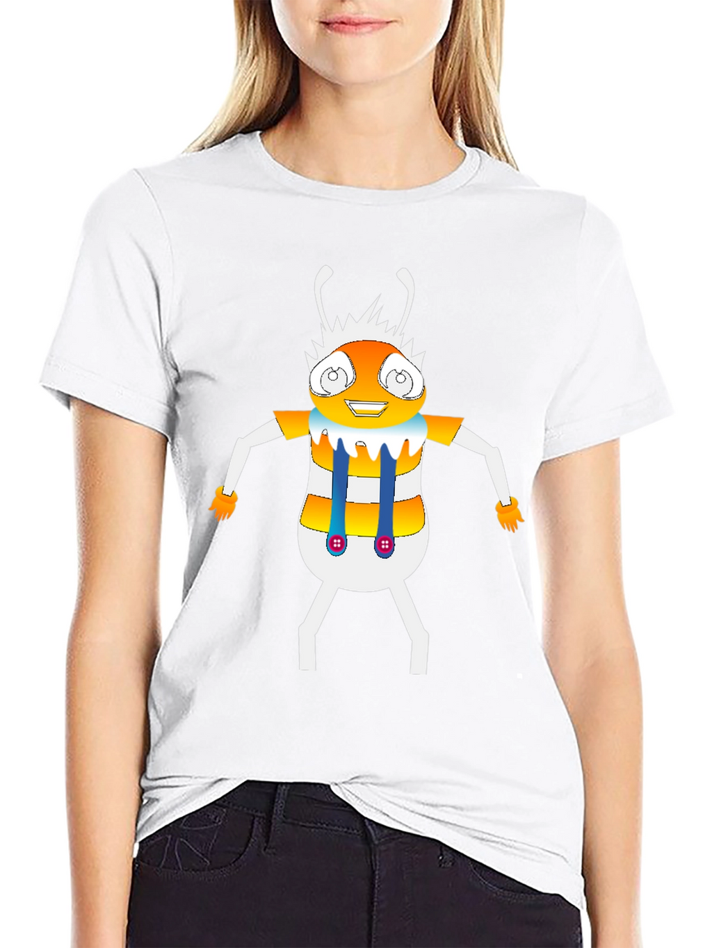 Cartoon Insect Graphic Tee - Black Crew Neck T-Shirt