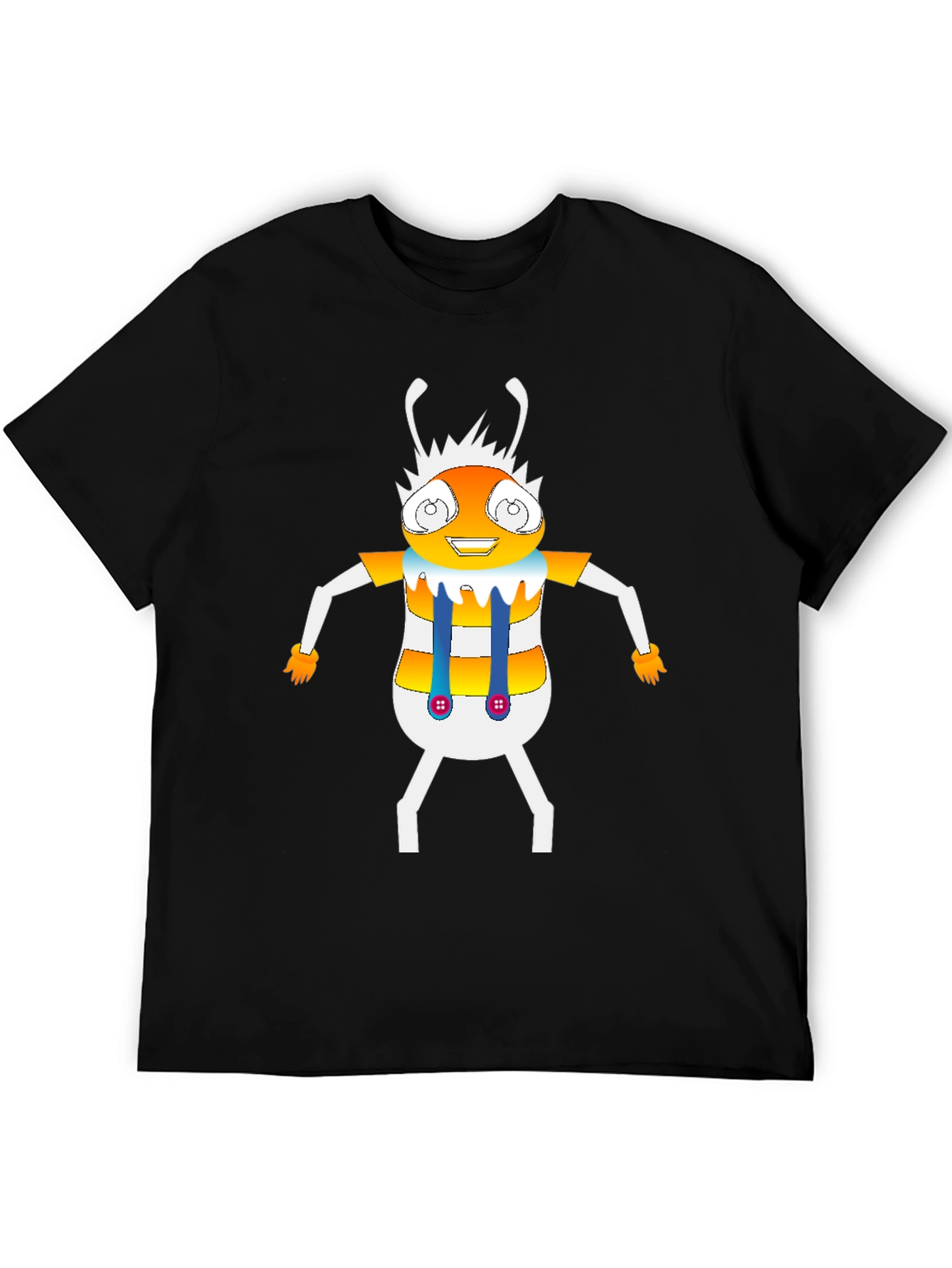Cartoon Insect Graphic Tee - Black Crew Neck T-Shirt