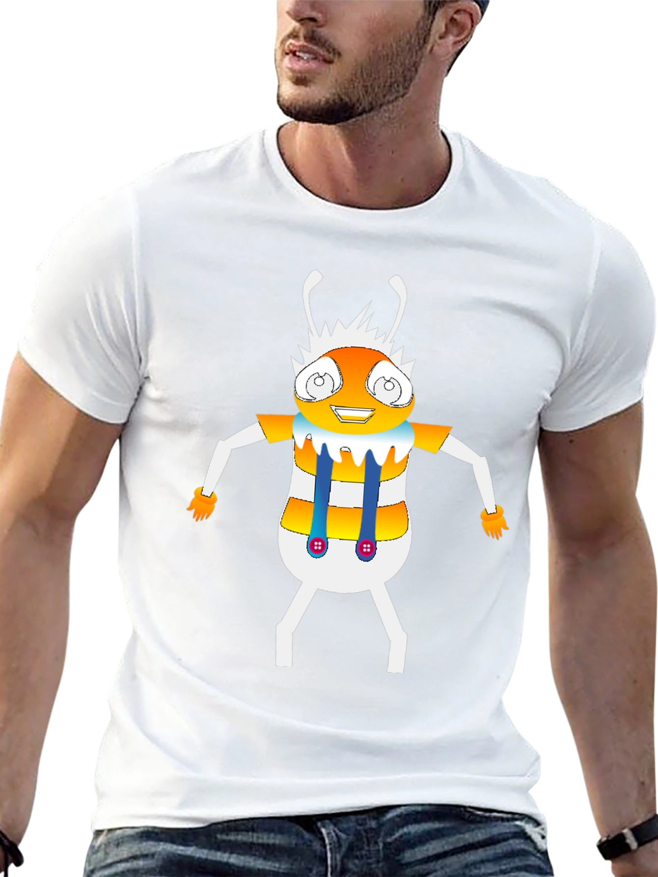 Cartoon Insect Graphic Tee - Black Crew Neck T-Shirt
