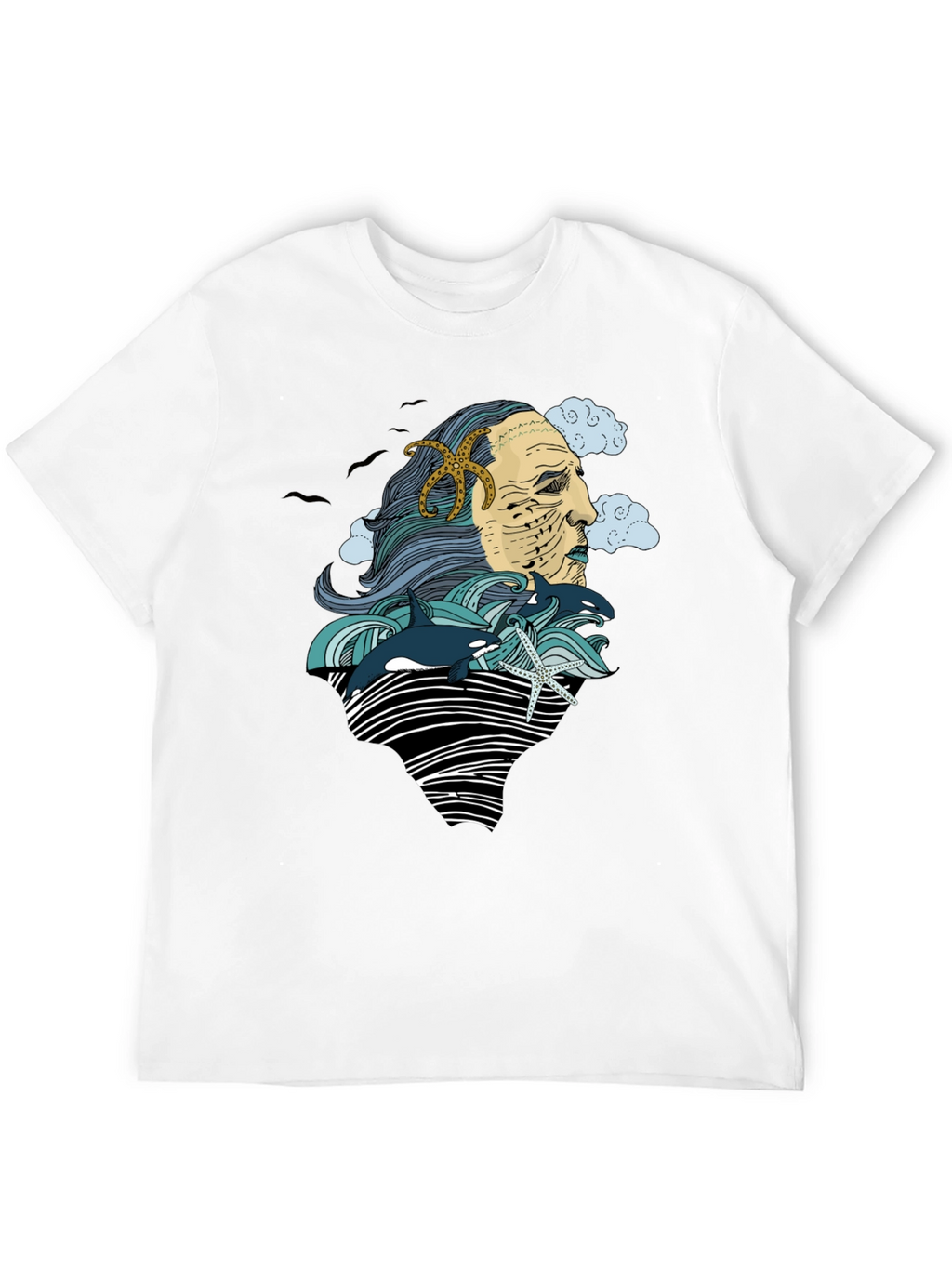 Ocean Deity Graphic Tee - Black Cotton T-Shirt