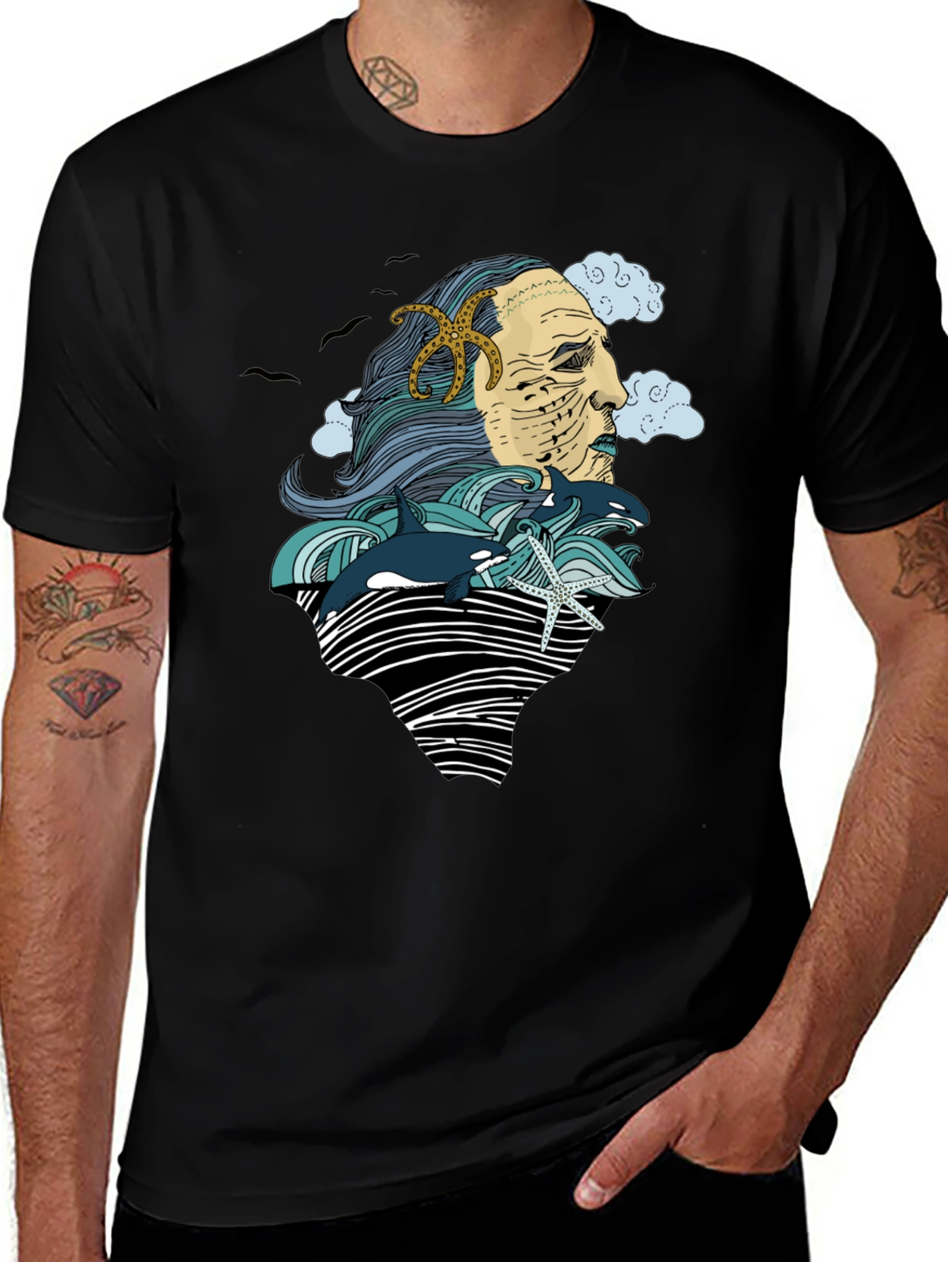 Ocean Deity Graphic Tee - Black Cotton T-Shirt