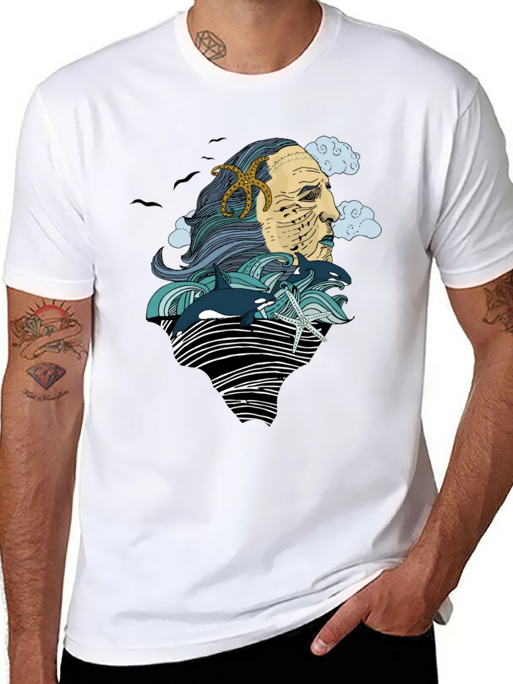 Ocean Deity Graphic Tee - Black Cotton T-Shirt