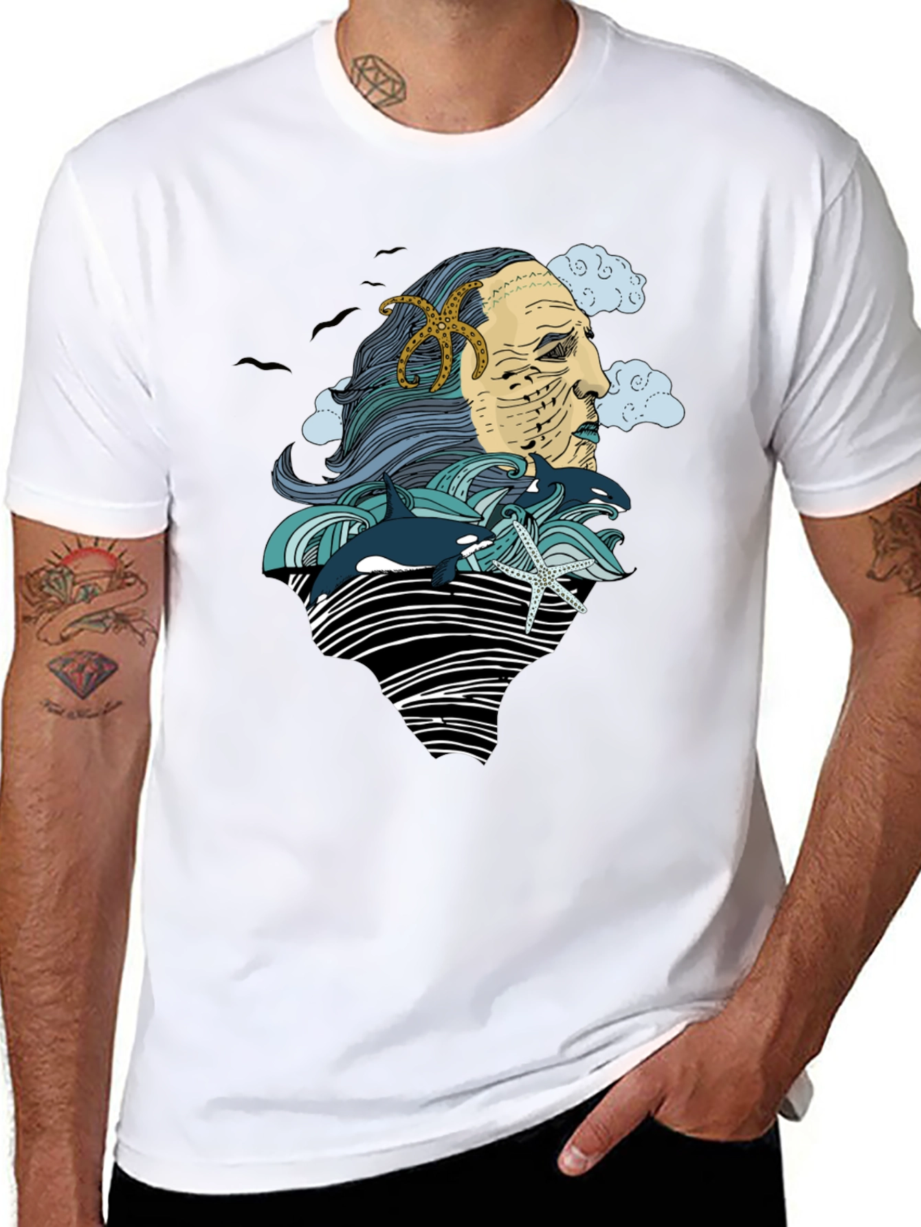 Ocean Deity Graphic Tee - Black Cotton T-Shirt