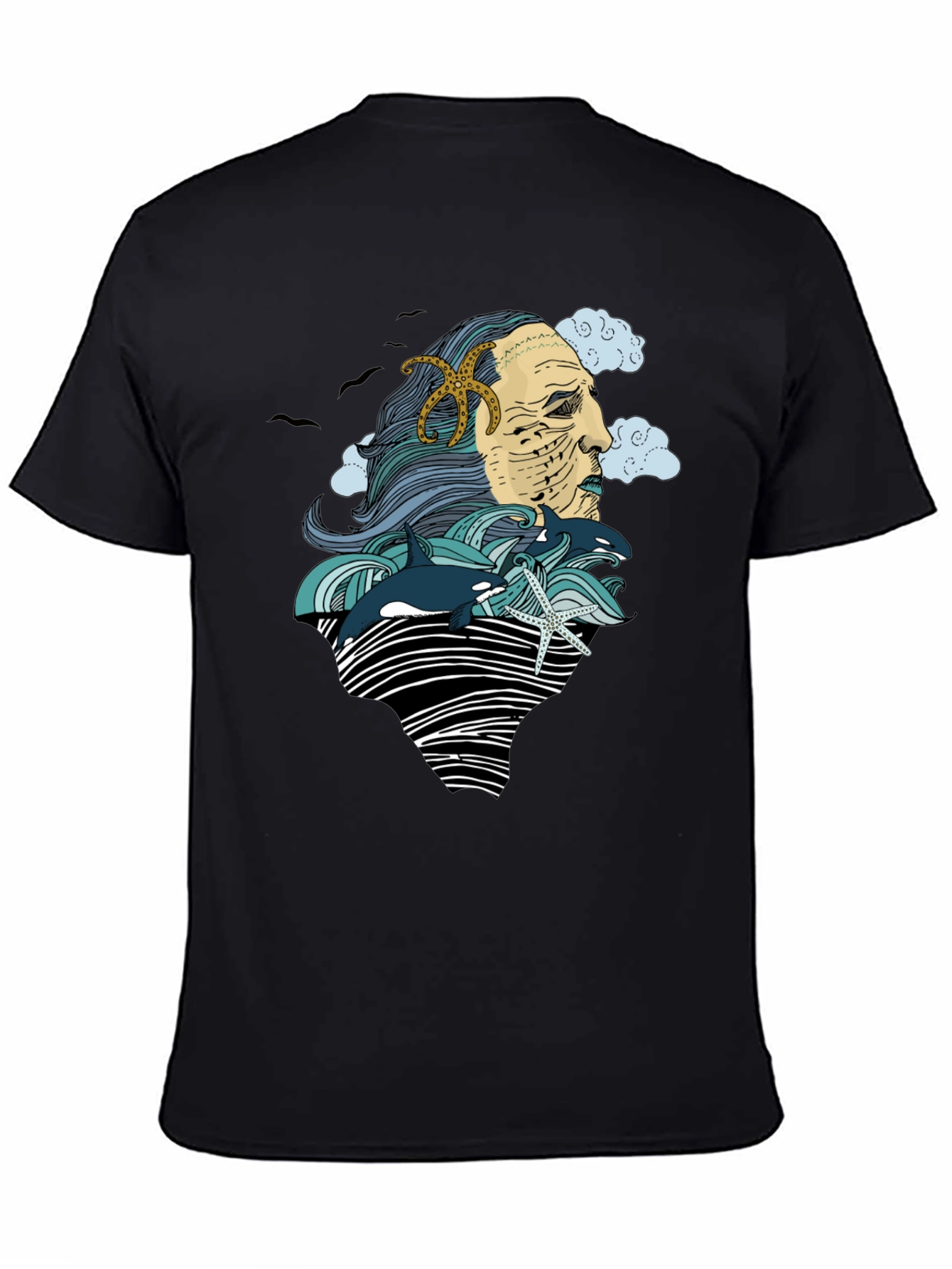 Ocean Deity Graphic Tee - Black Cotton T-Shirt