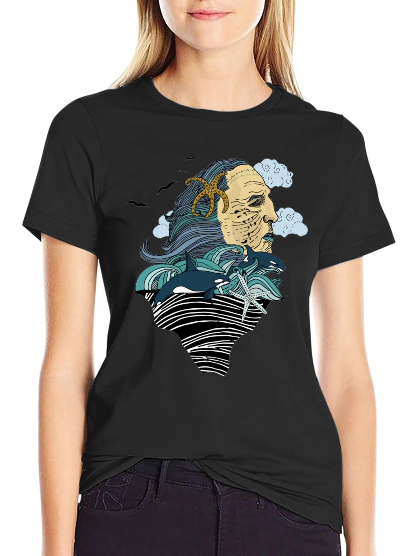 Ocean Deity Graphic Tee - Black Cotton T-Shirt