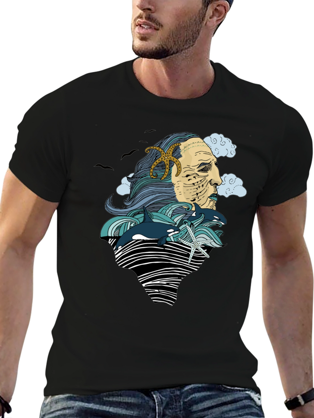 Ocean Deity Graphic Tee - Black Cotton T-Shirt