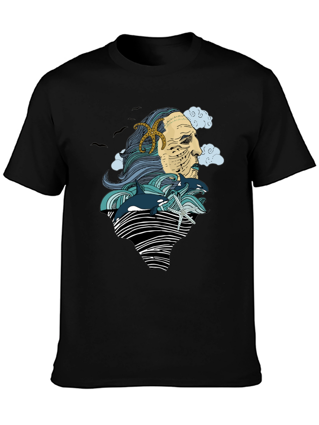 Ocean Deity Graphic Tee - Black Cotton T-Shirt