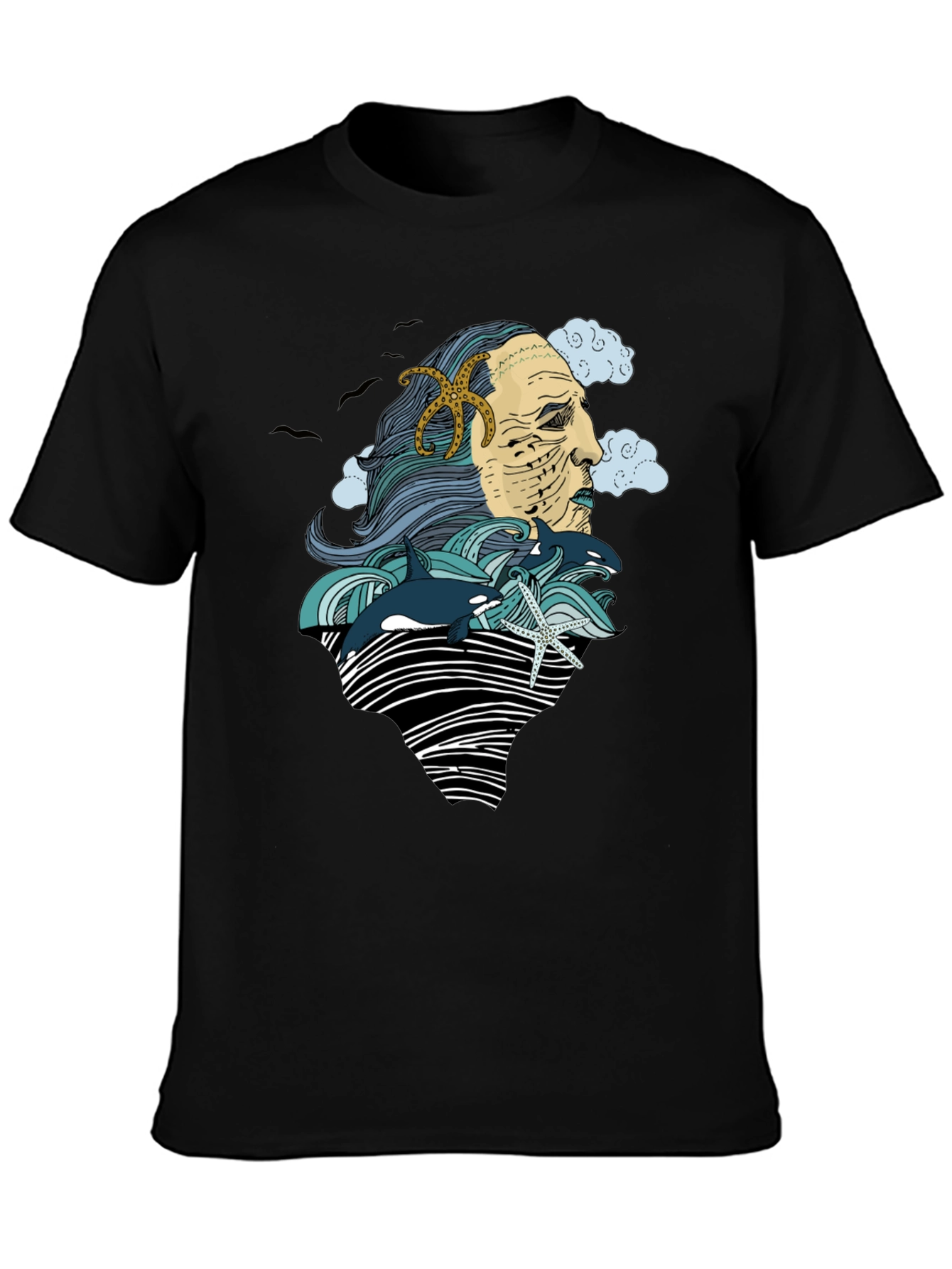 Ocean Deity Graphic Tee - Black Cotton T-Shirt