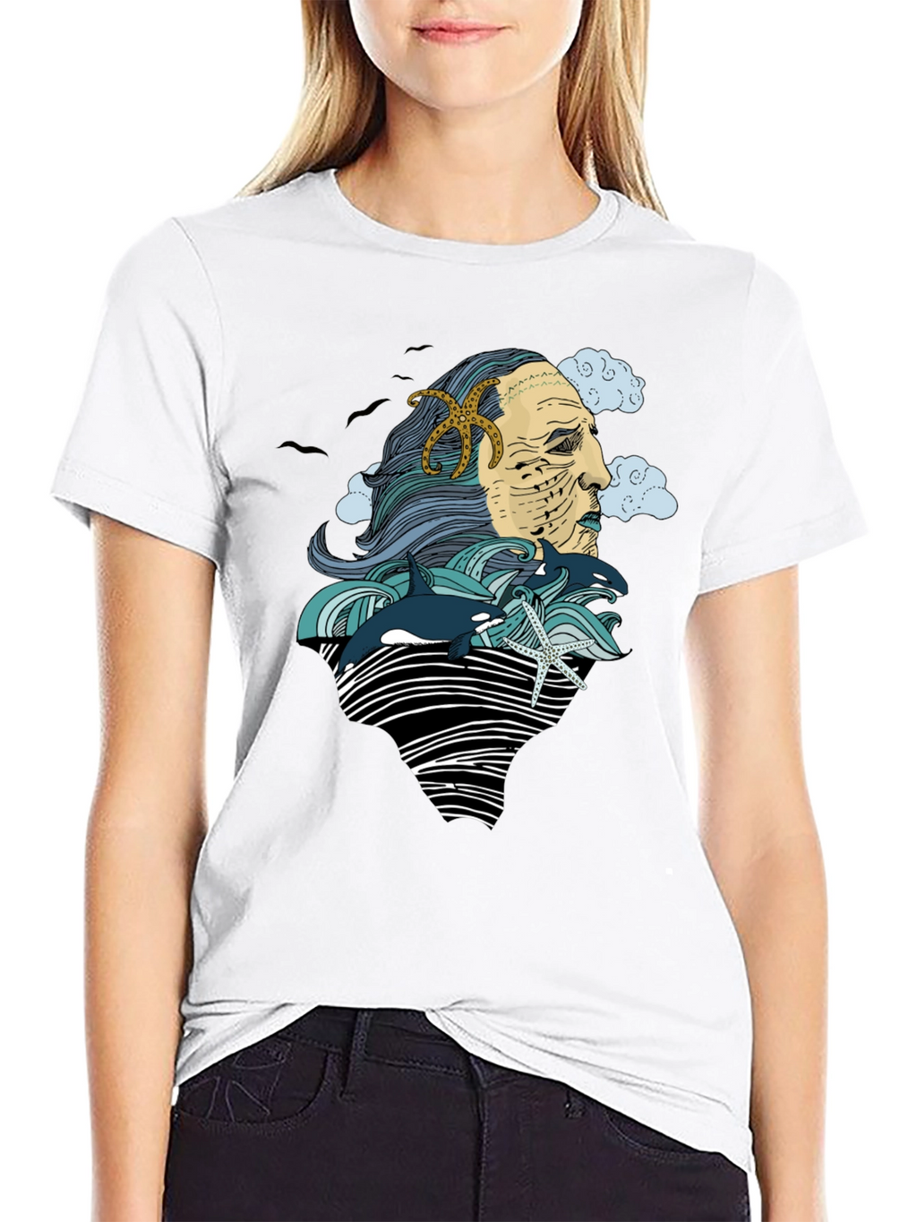 Ocean Deity Graphic Tee - Black Cotton T-Shirt