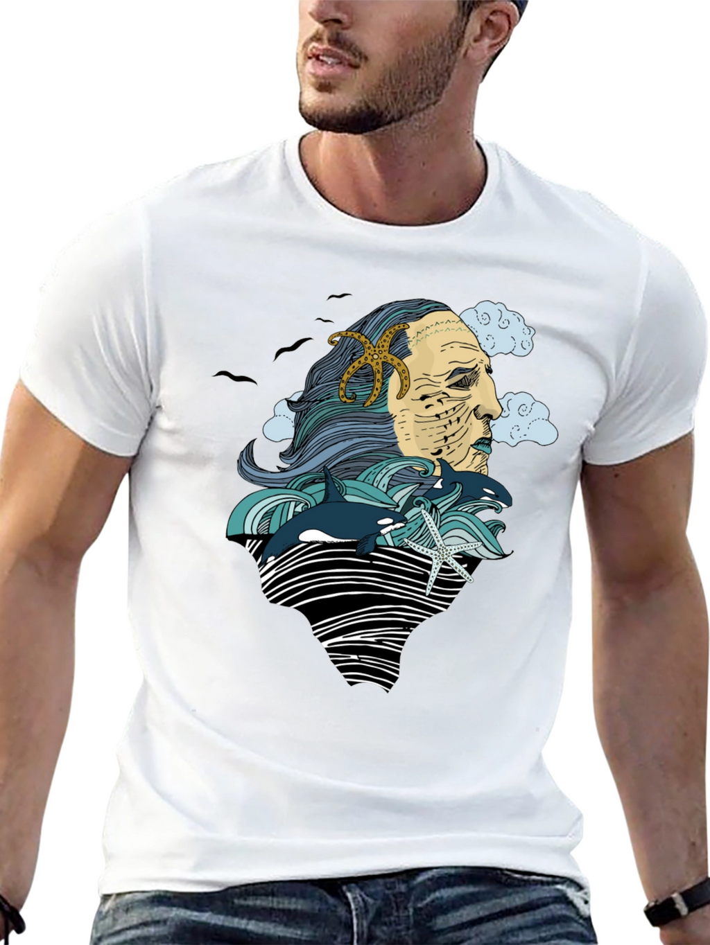 Ocean Deity Graphic Tee - Black Cotton T-Shirt