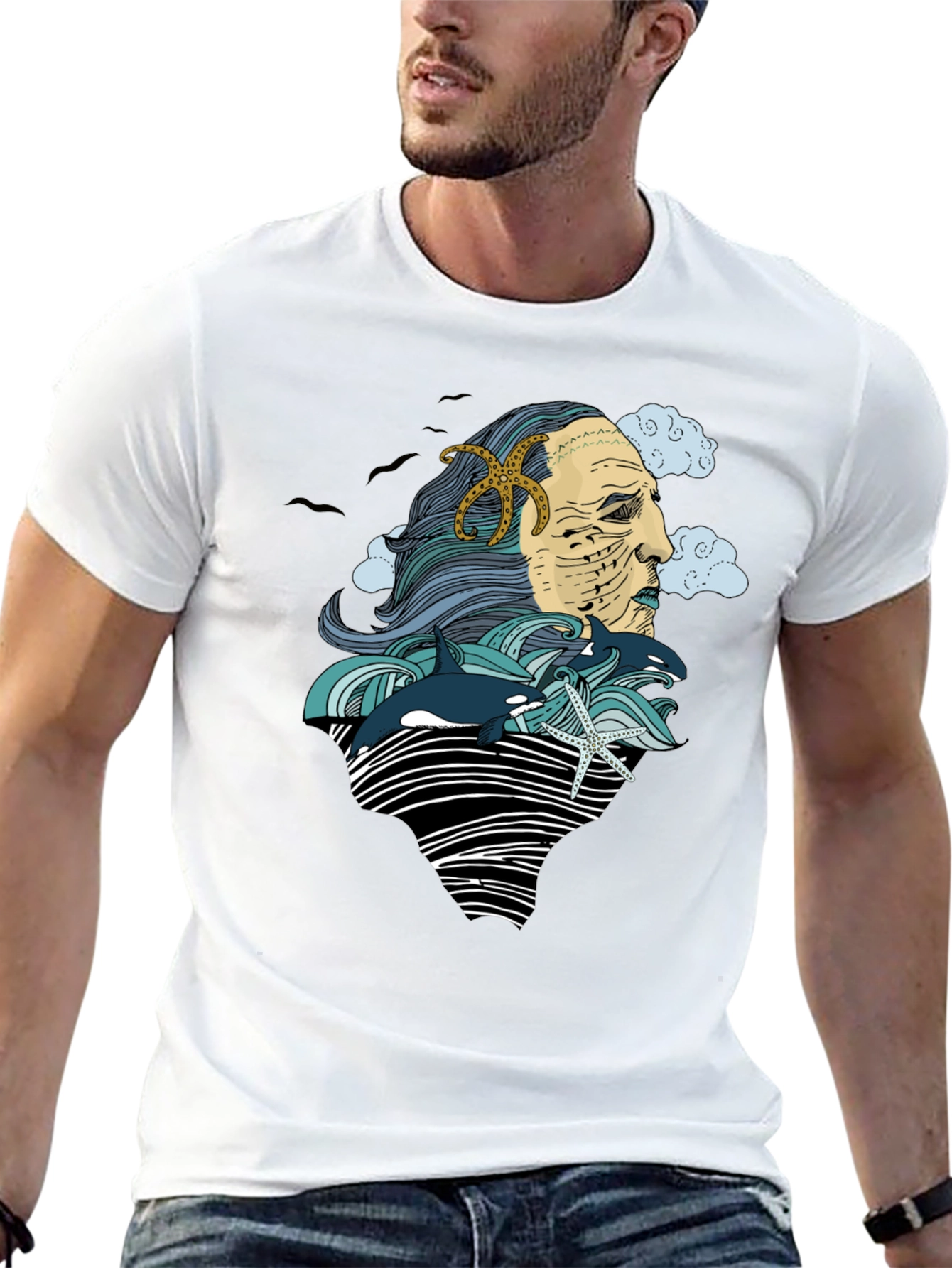 Ocean Deity Graphic Tee - Black Cotton T-Shirt
