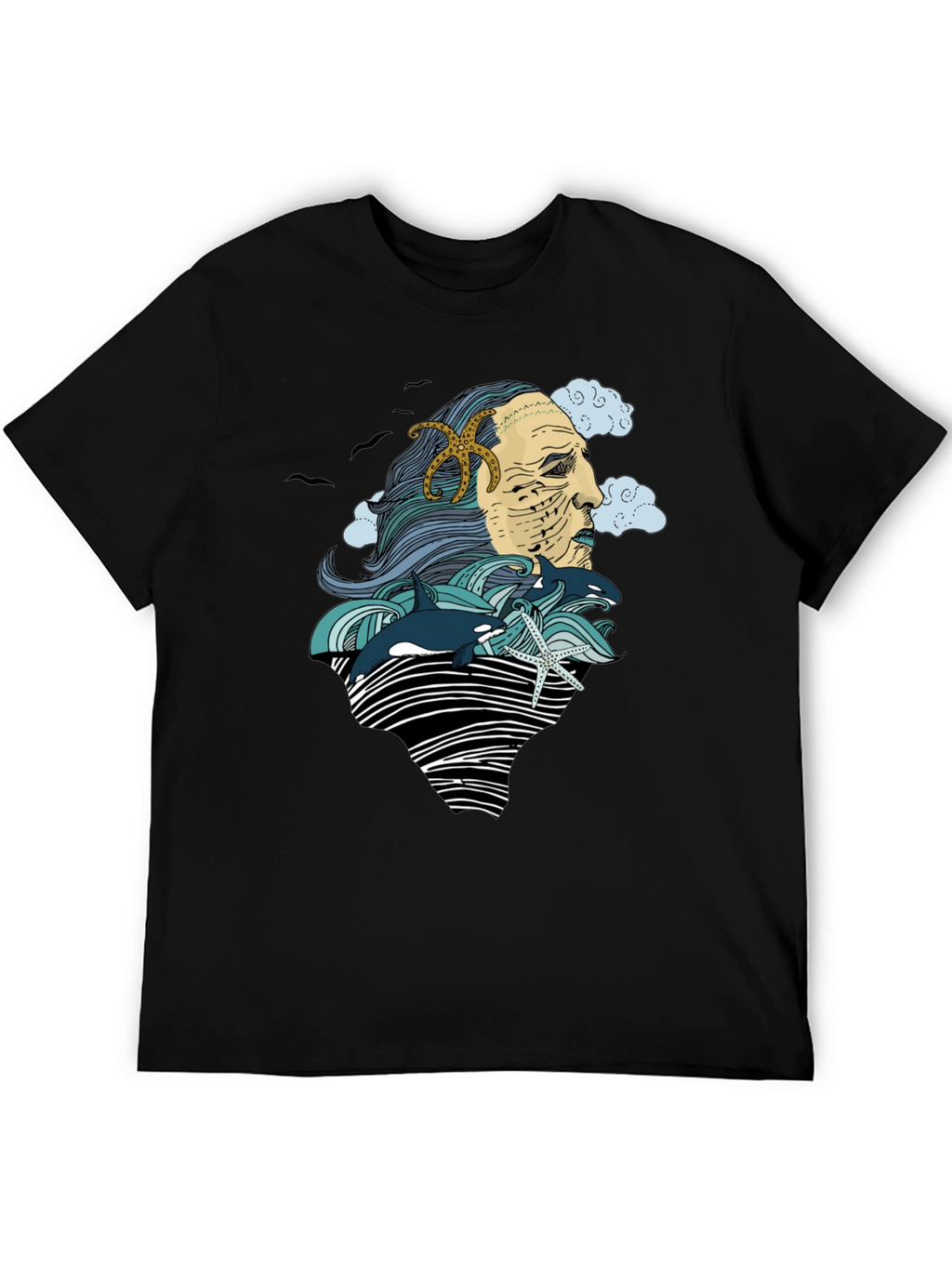 Ocean Deity Graphic Tee - Black Cotton T-Shirt