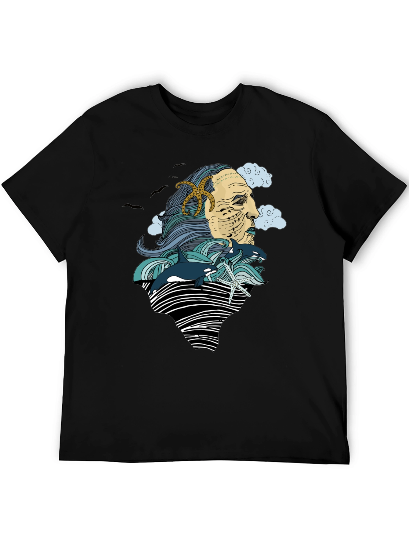Ocean Deity Graphic Tee - Black Cotton T-Shirt