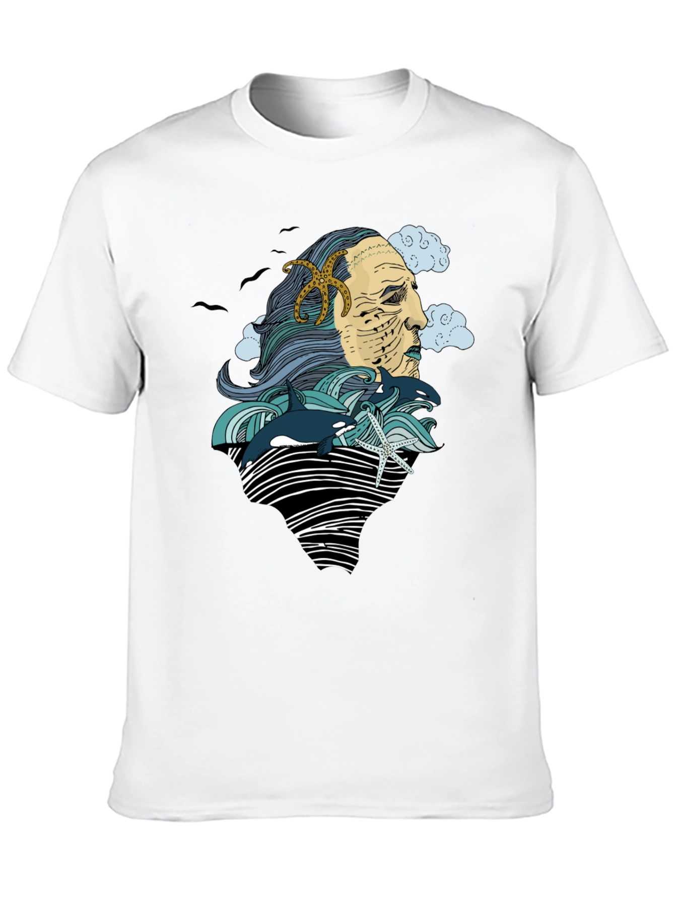 Ocean Deity Graphic Tee - Black Cotton T-Shirt