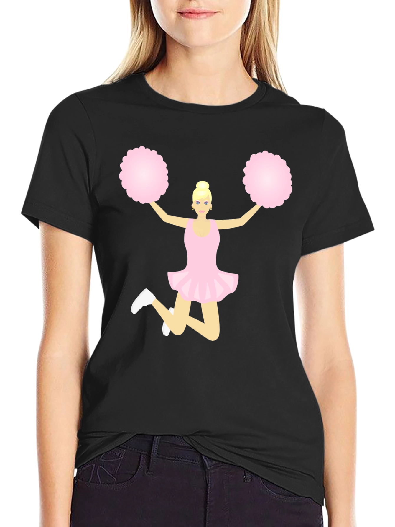 Cheerleader Graphic Tee - Black Cotton T-Shirt