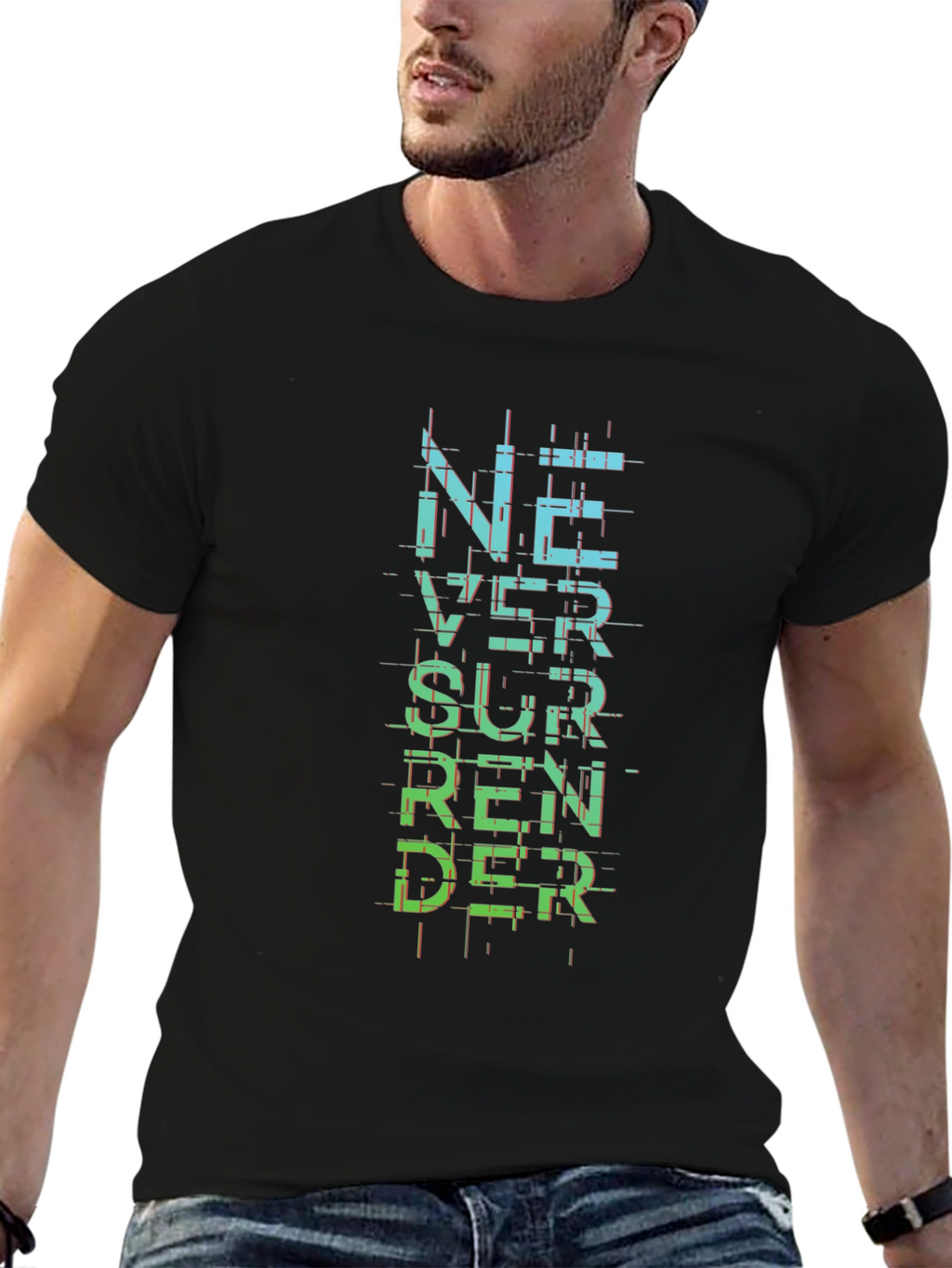 Never Surrender Graphic Print Black T-Shirt