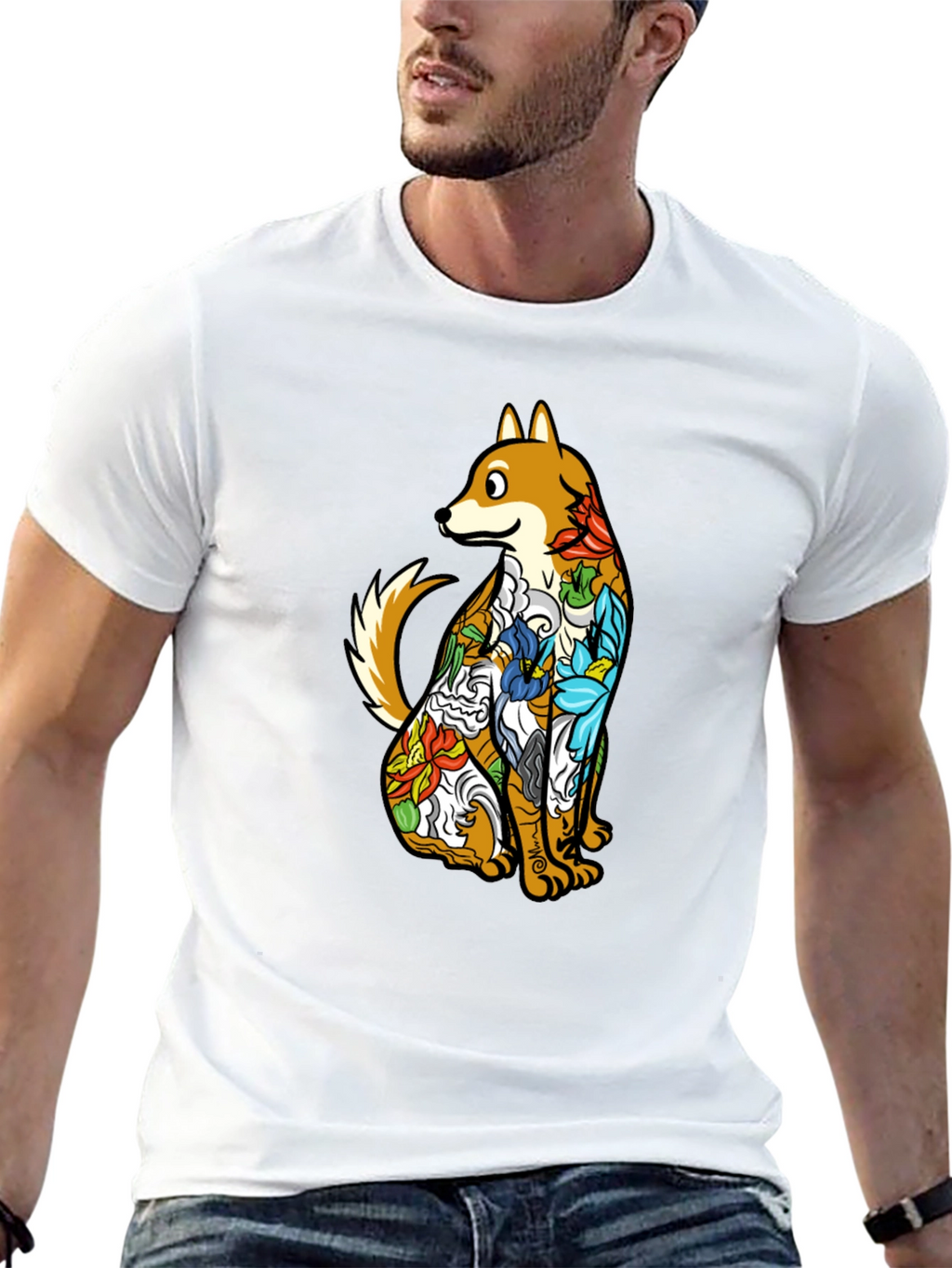 Dog with Floral Tattoo Black Graphic T-Shirt