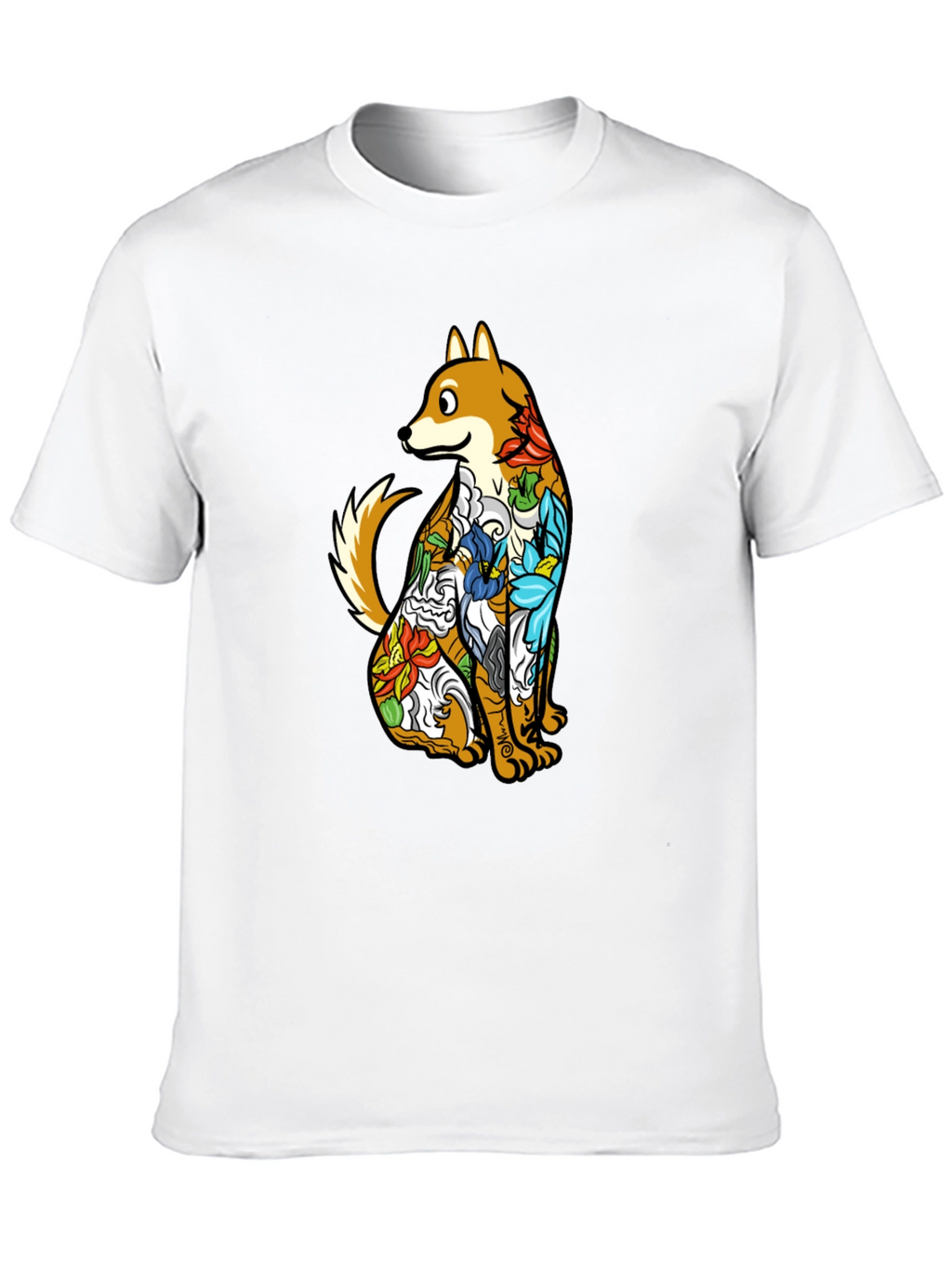 Dog with Floral Tattoo Black Graphic T-Shirt