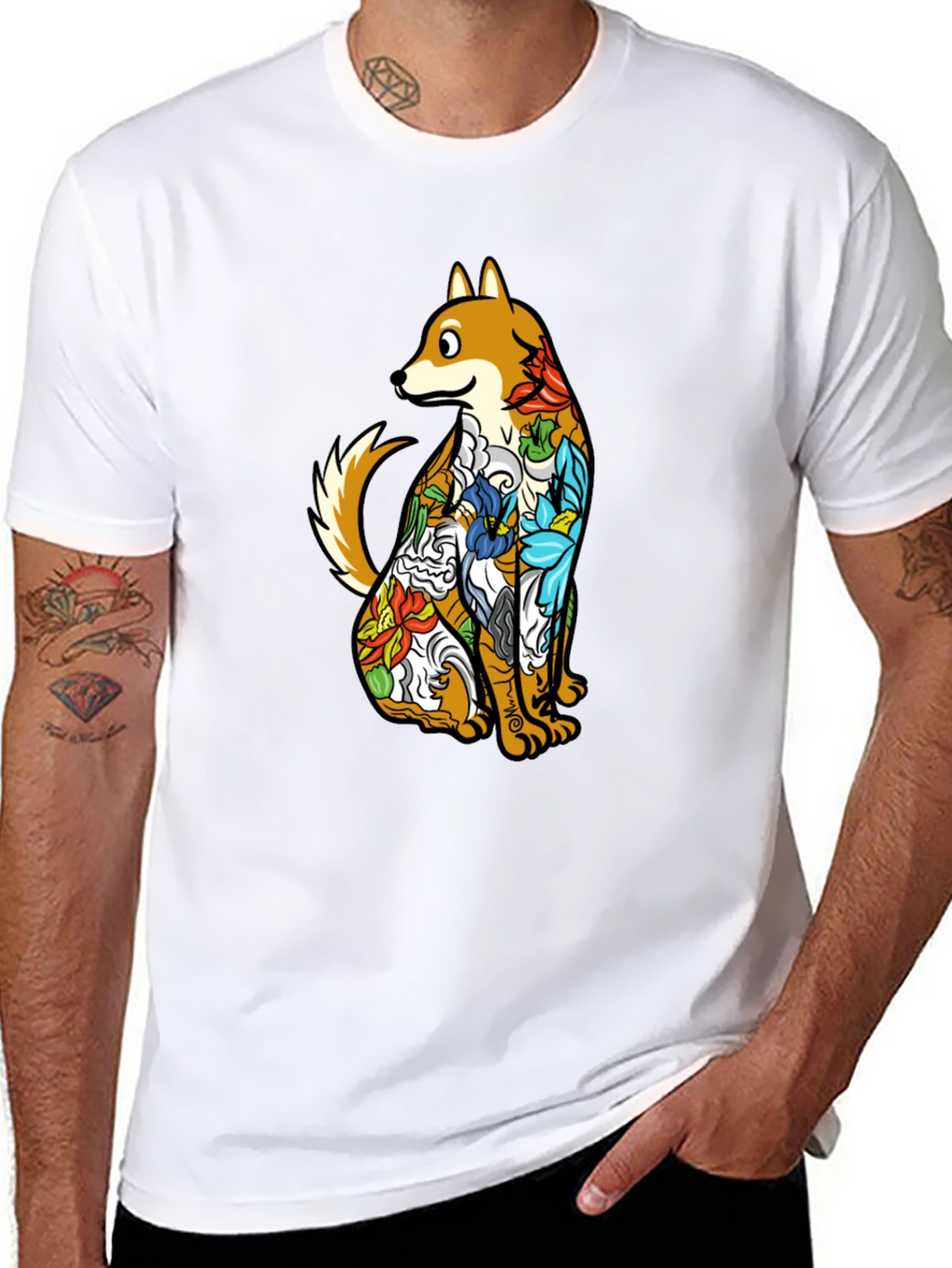 Dog with Floral Tattoo Black Graphic T-Shirt