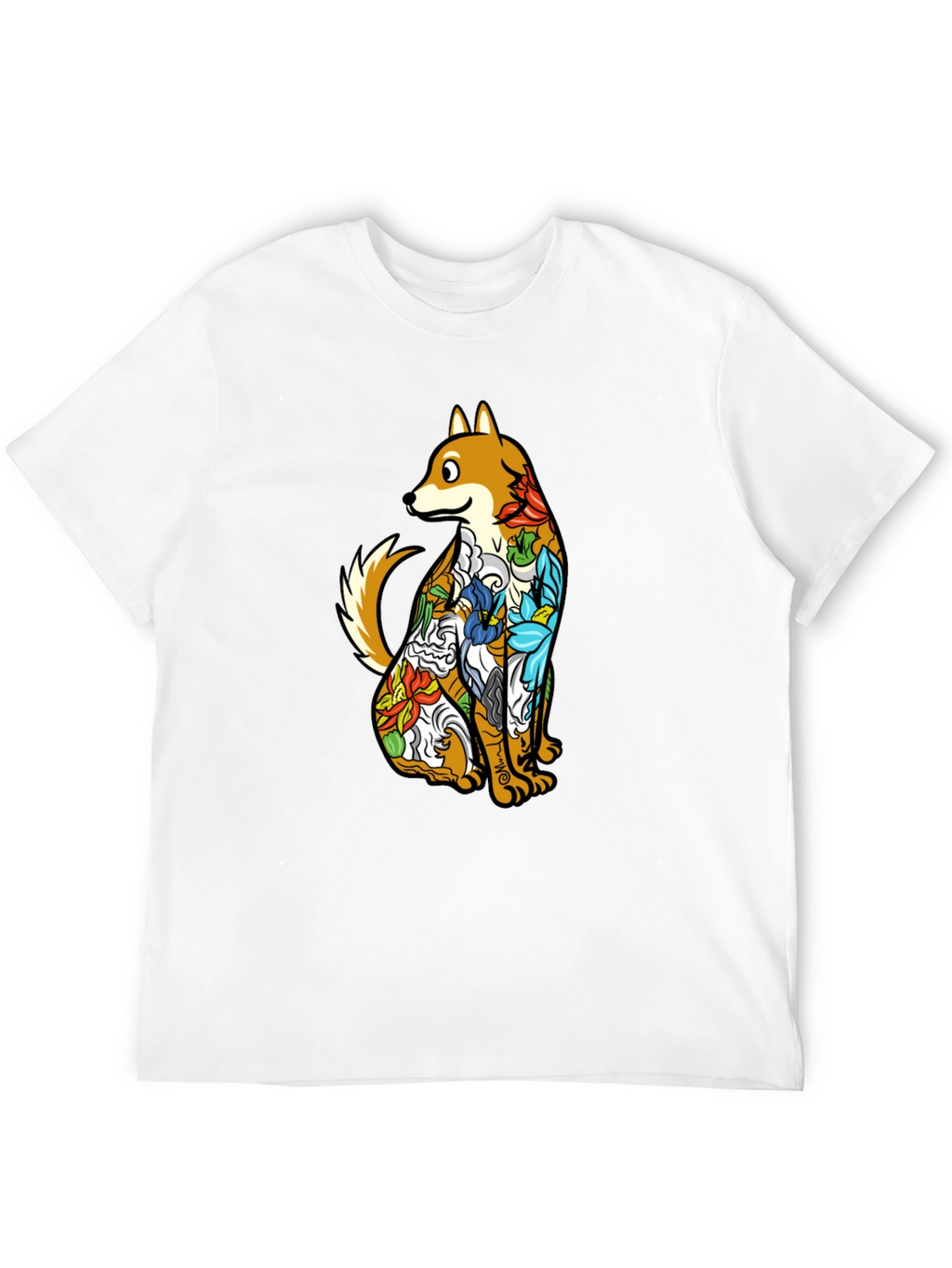 Dog with Floral Tattoo Black Graphic T-Shirt