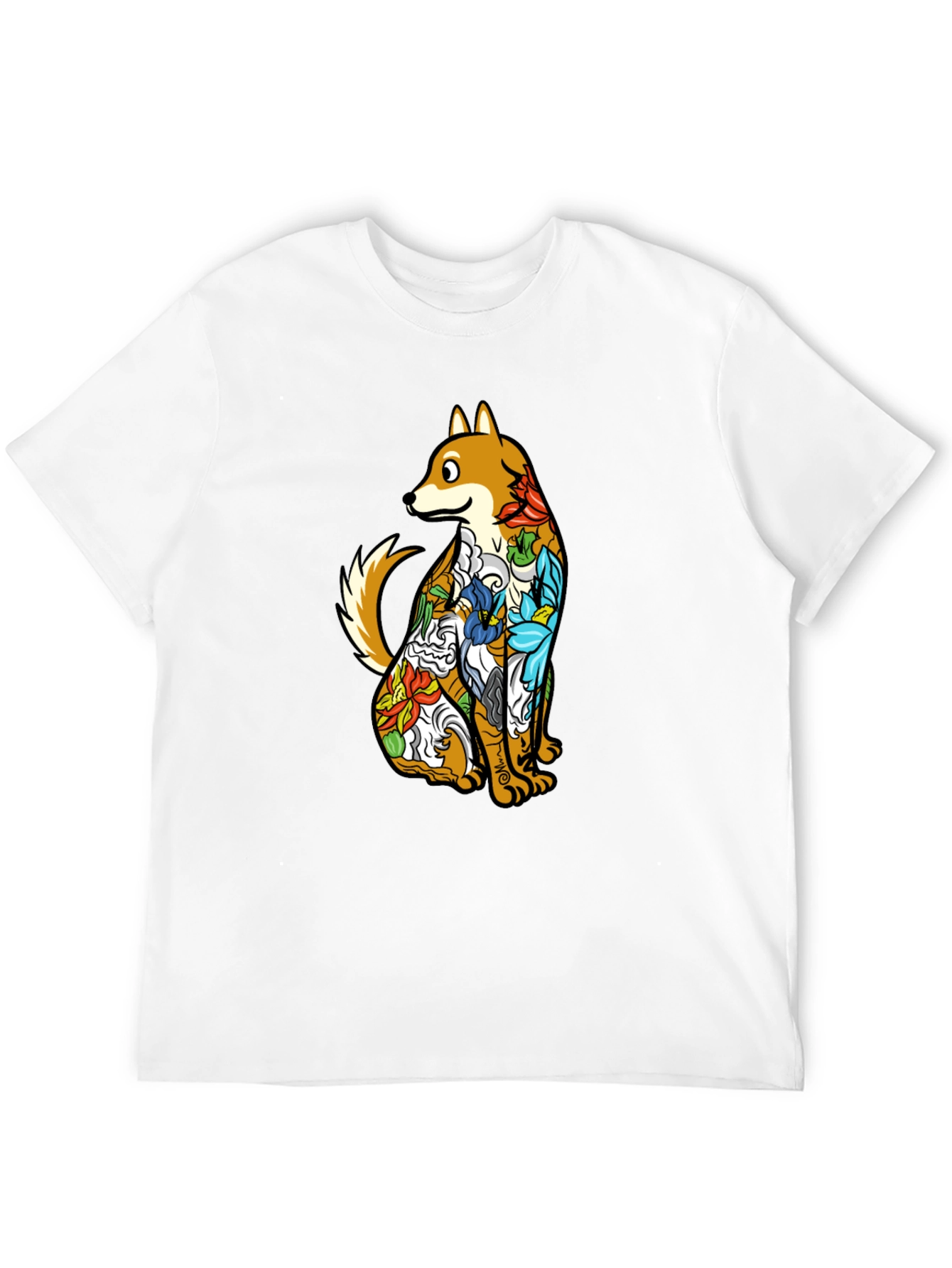 Dog with Floral Tattoo Black Graphic T-Shirt