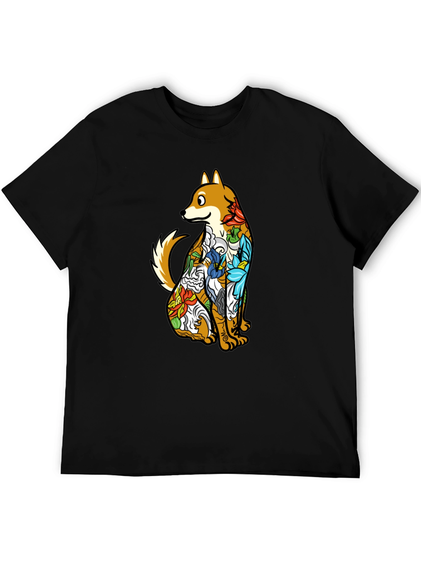 Dog with Floral Tattoo Black Graphic T-Shirt