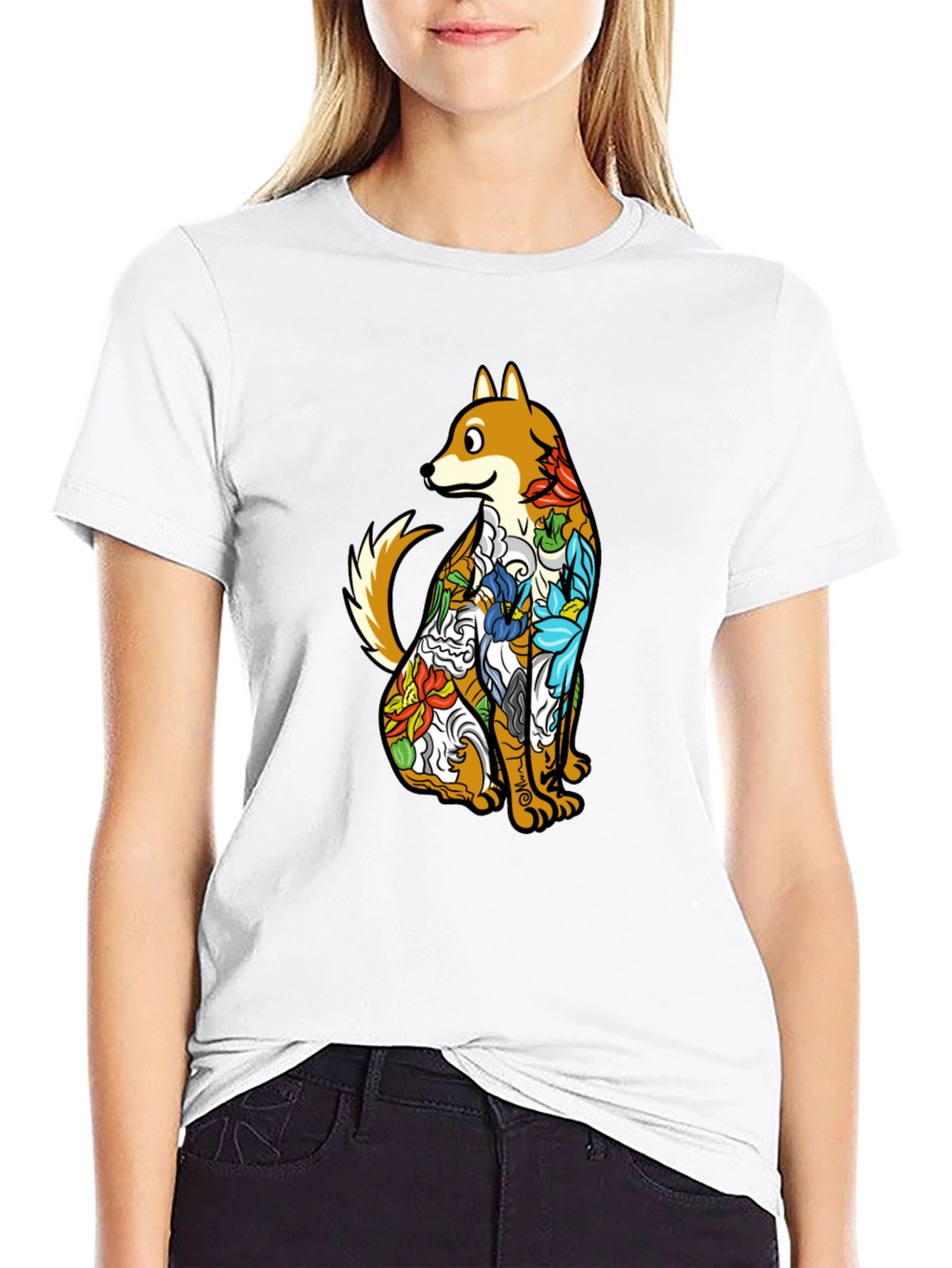 Dog with Floral Tattoo Black Graphic T-Shirt