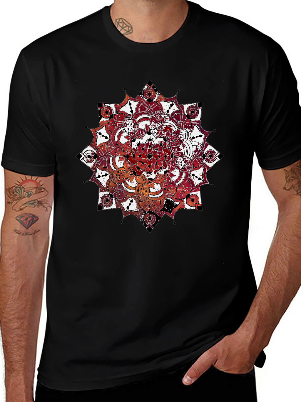 Mandala Print Black Crew Neck T-Shirt