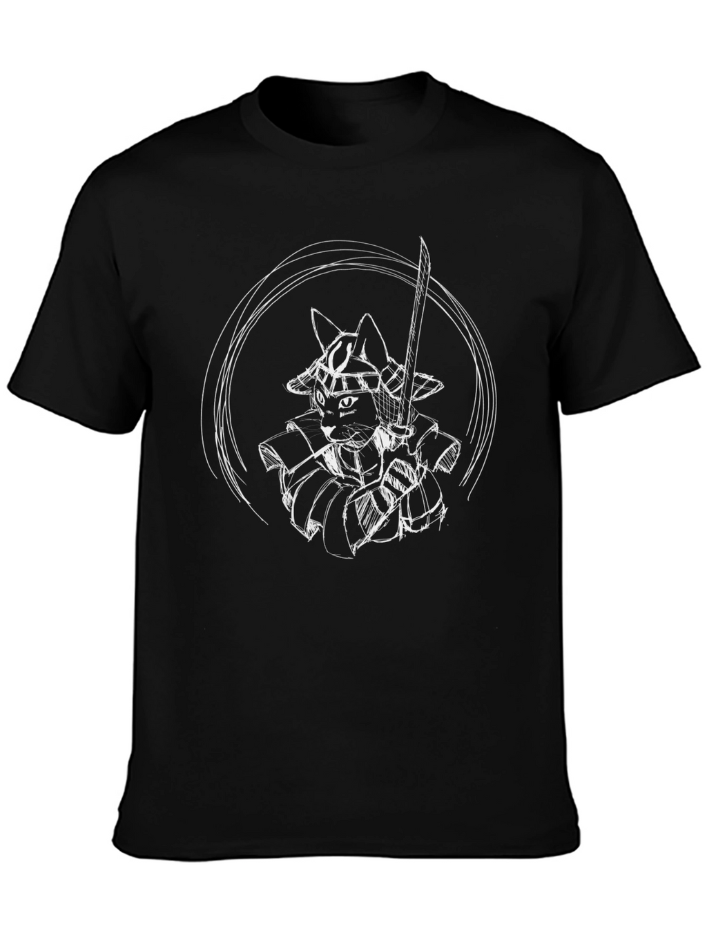 Samurai Cat T-Shirt - Black Cotton Graphic Tee