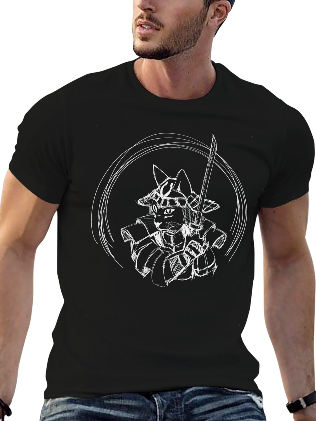 Samurai Cat T-Shirt - Black Cotton Graphic Tee