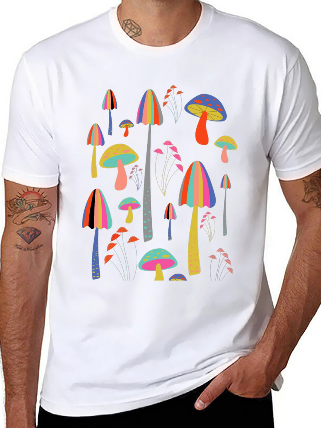 Funky Mushroom Print Black T-Shirt
