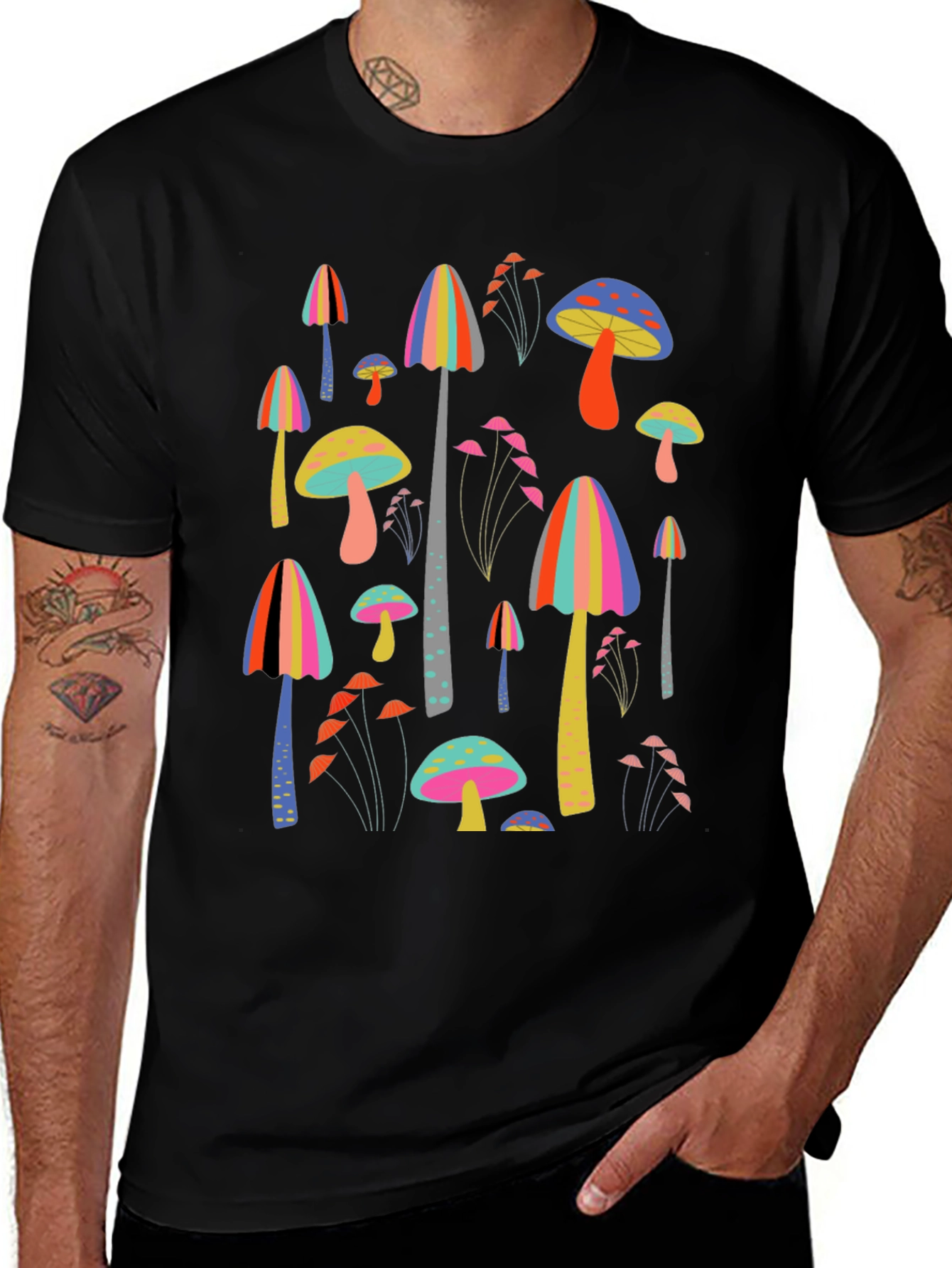 Funky Mushroom Print Black T-Shirt