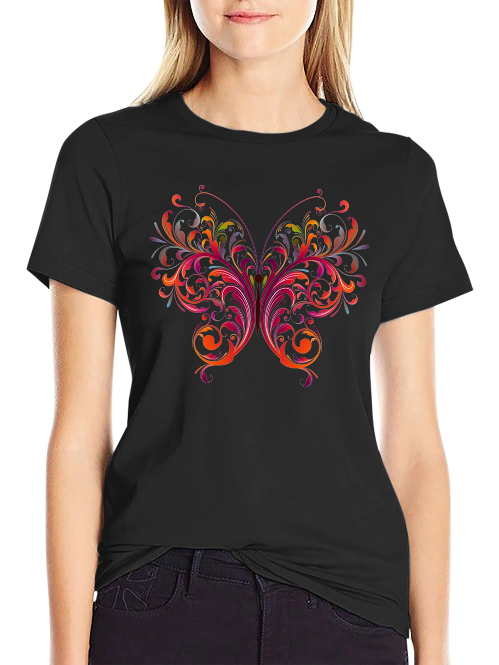Floral Butterfly Graphic Black T-Shirt