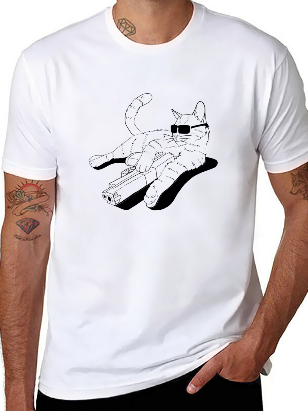 Cool Cat Gun Graphic T-Shirt - Black