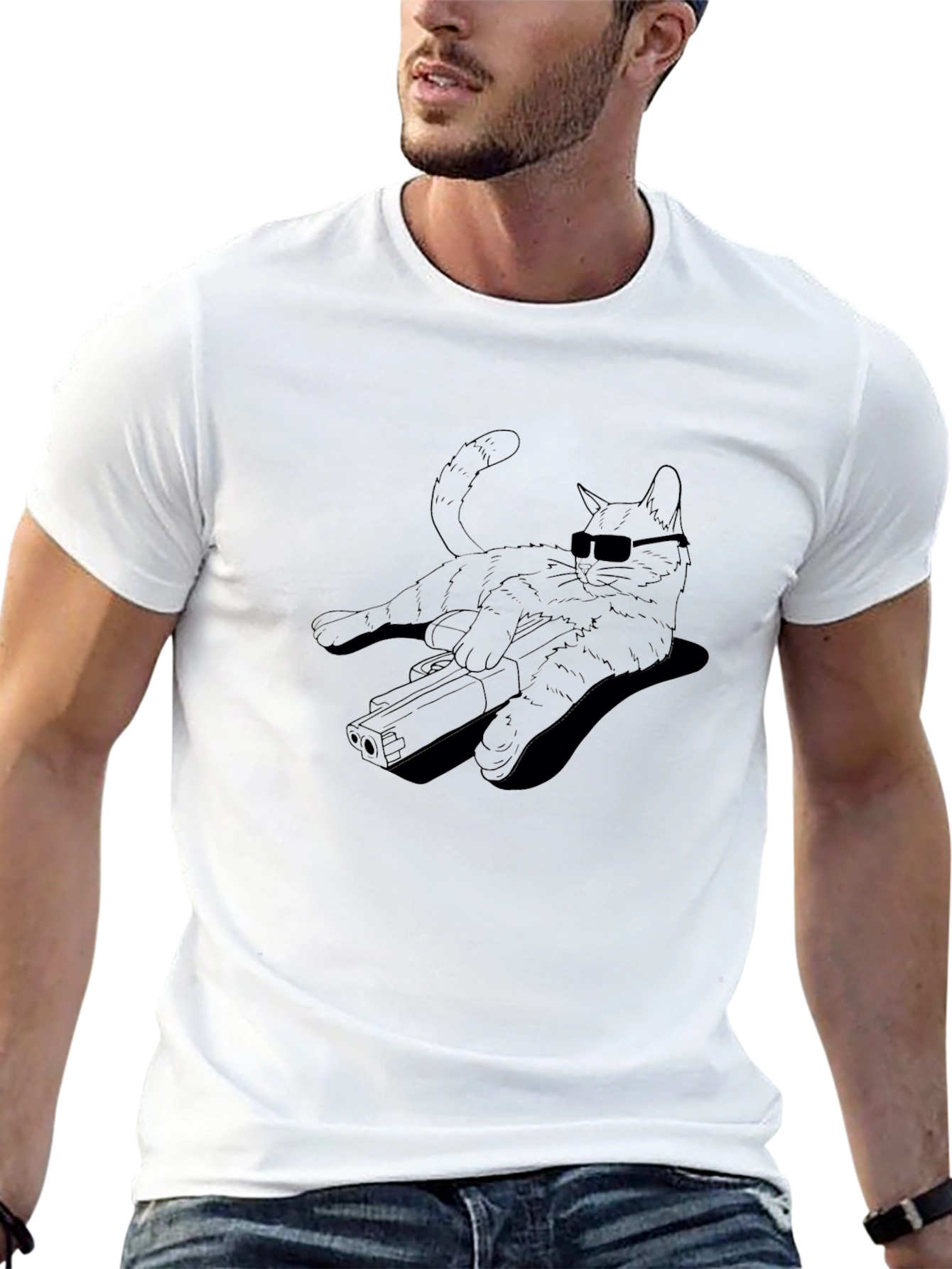 Cool Cat Gun Graphic T-Shirt - Black