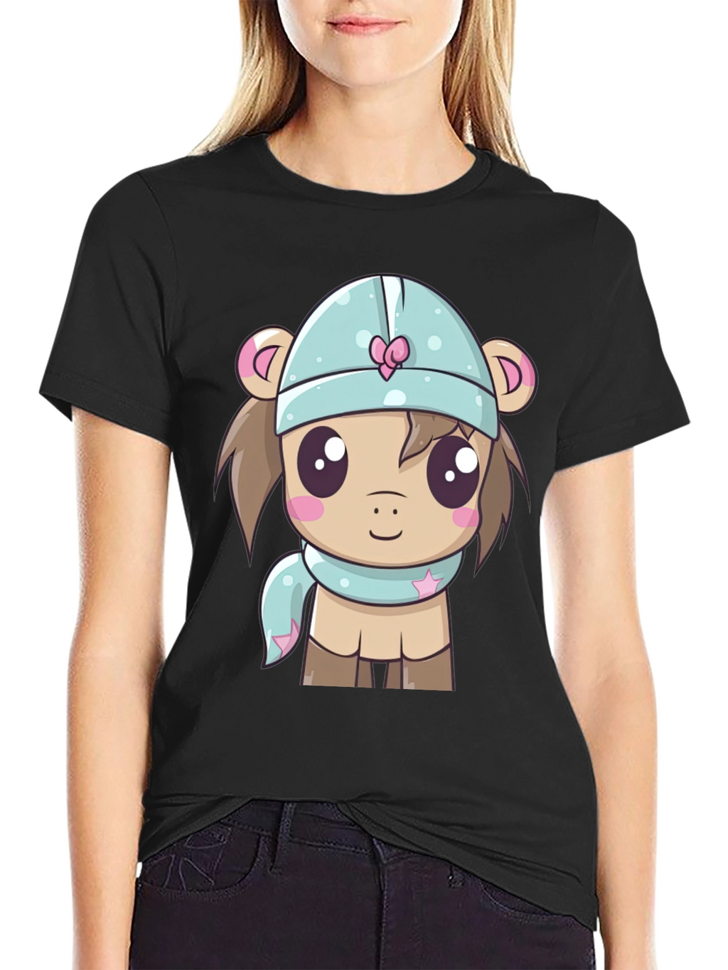 Cute Cartoon Animal Black T-Shirt