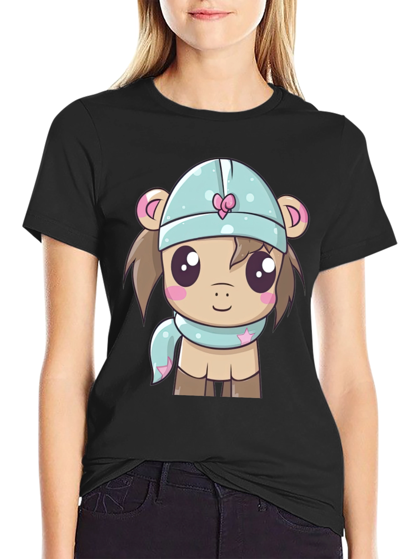 Cute Cartoon Animal Black T-Shirt