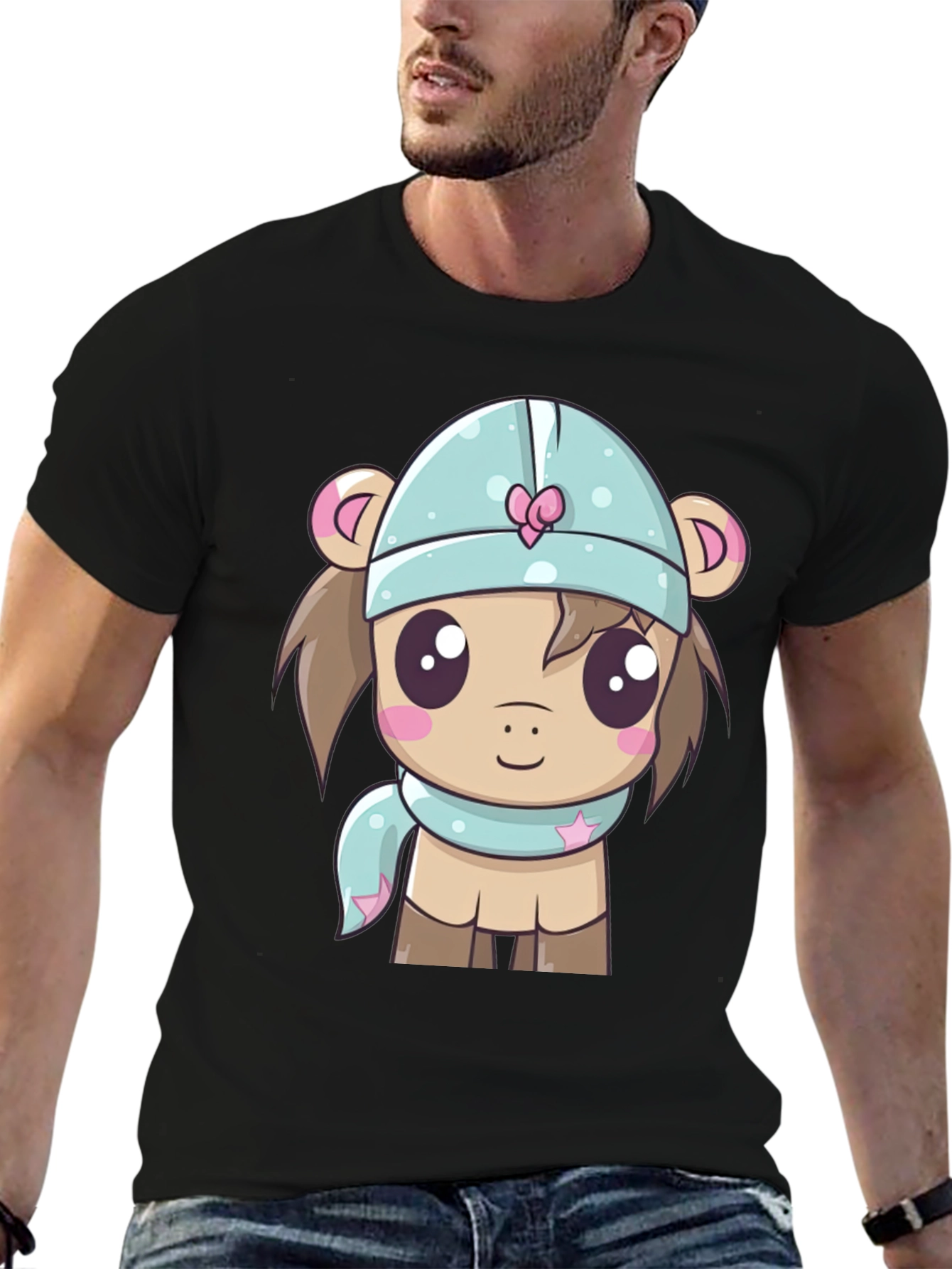 Cute Cartoon Animal Black T-Shirt