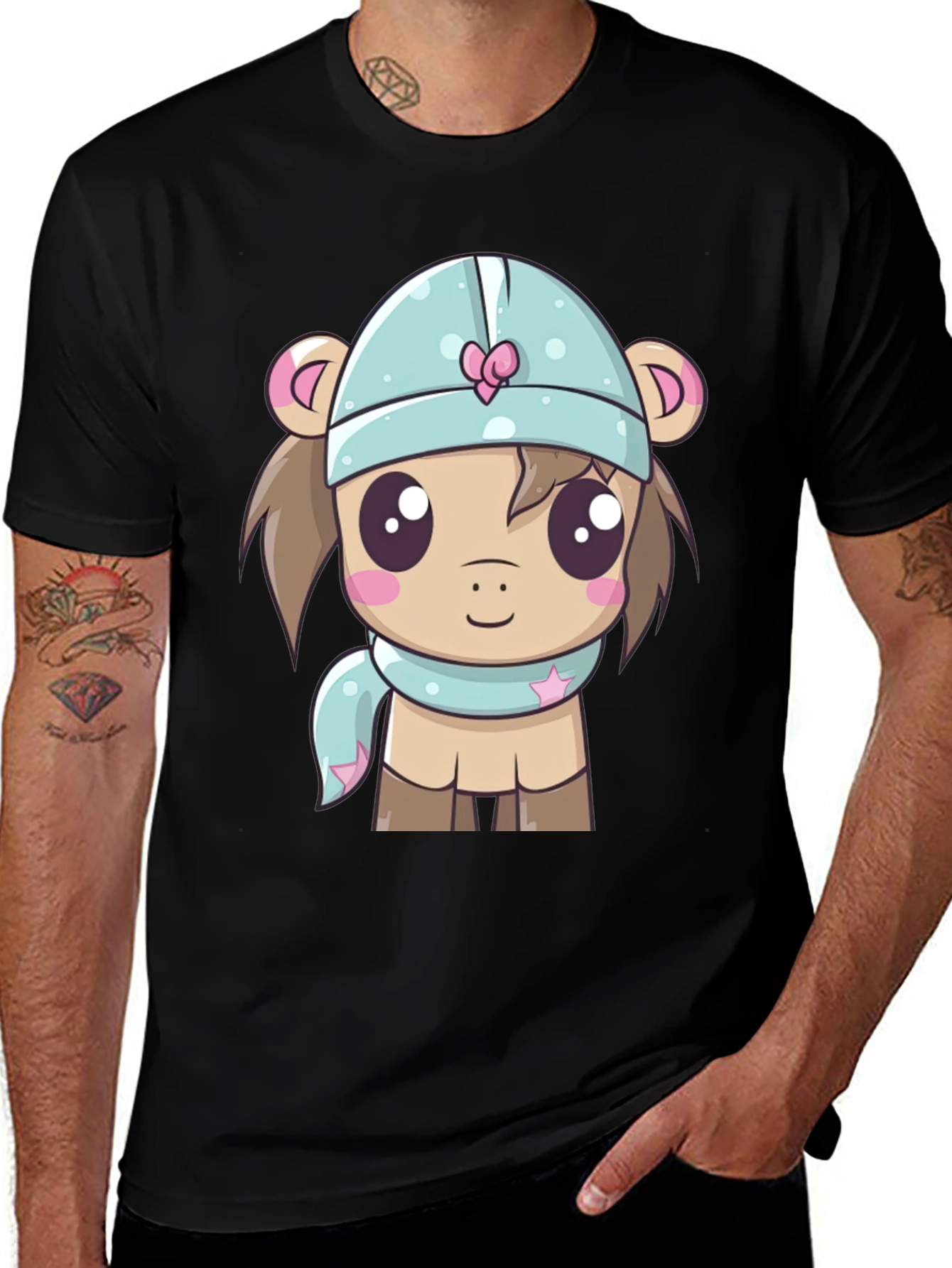 Cute Cartoon Animal Black T-Shirt