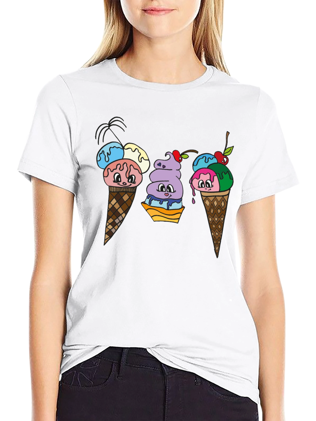 Cartoon Ice Cream Cone Black T-Shirt