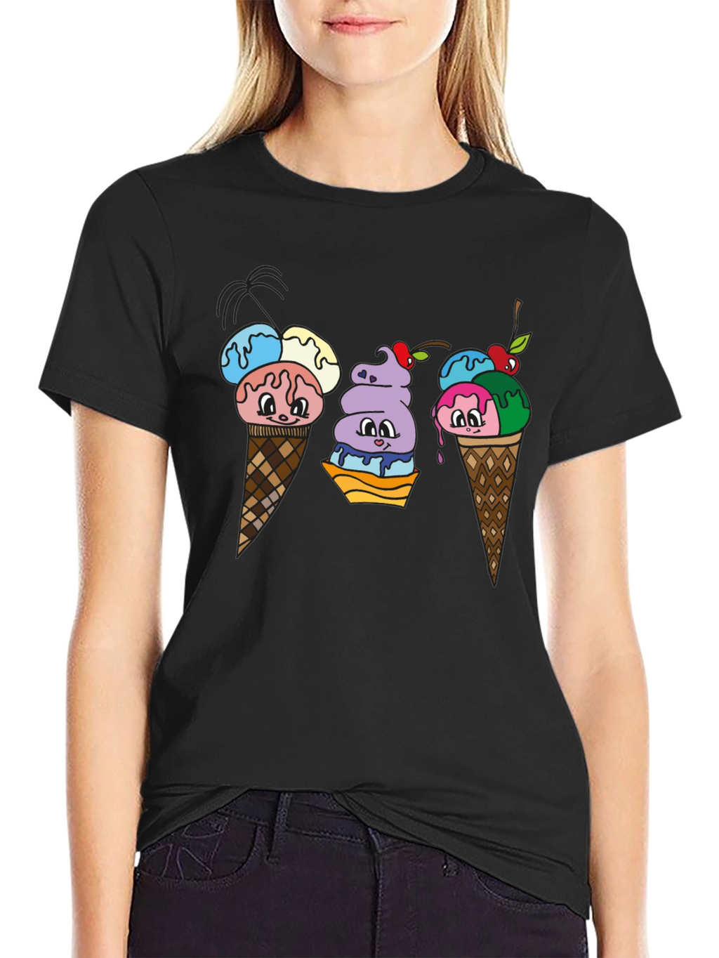 Cartoon Ice Cream Cone Black T-Shirt