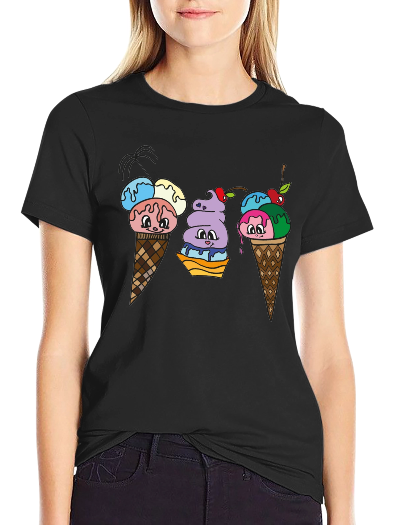 Cartoon Ice Cream Cone Black T-Shirt