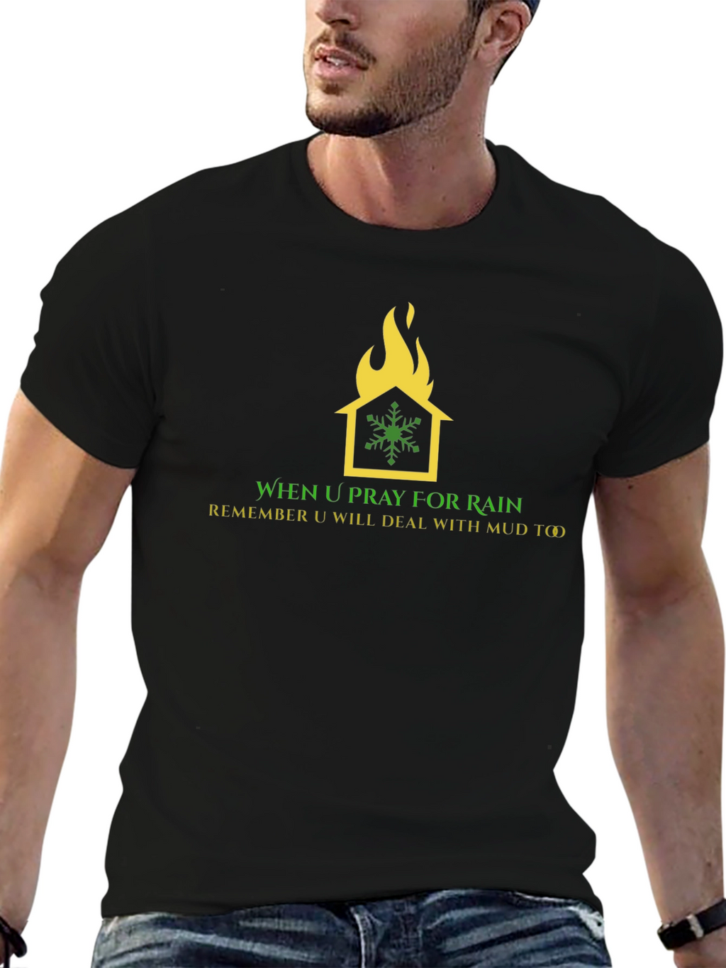 Humorous Weather T-Shirt: House on Fire Snowflake Design