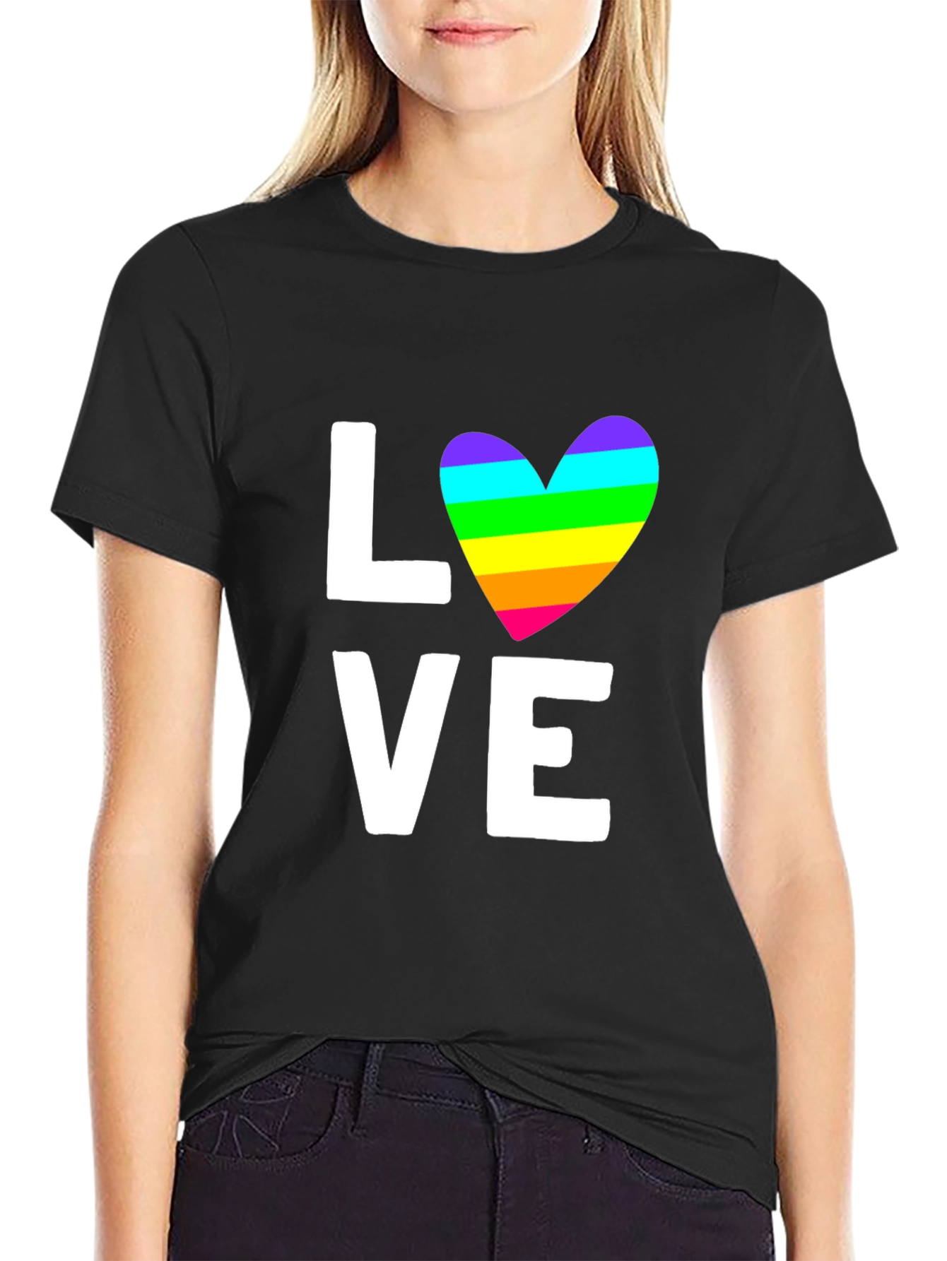 Love Rainbow Heart Graphic Tee - Black