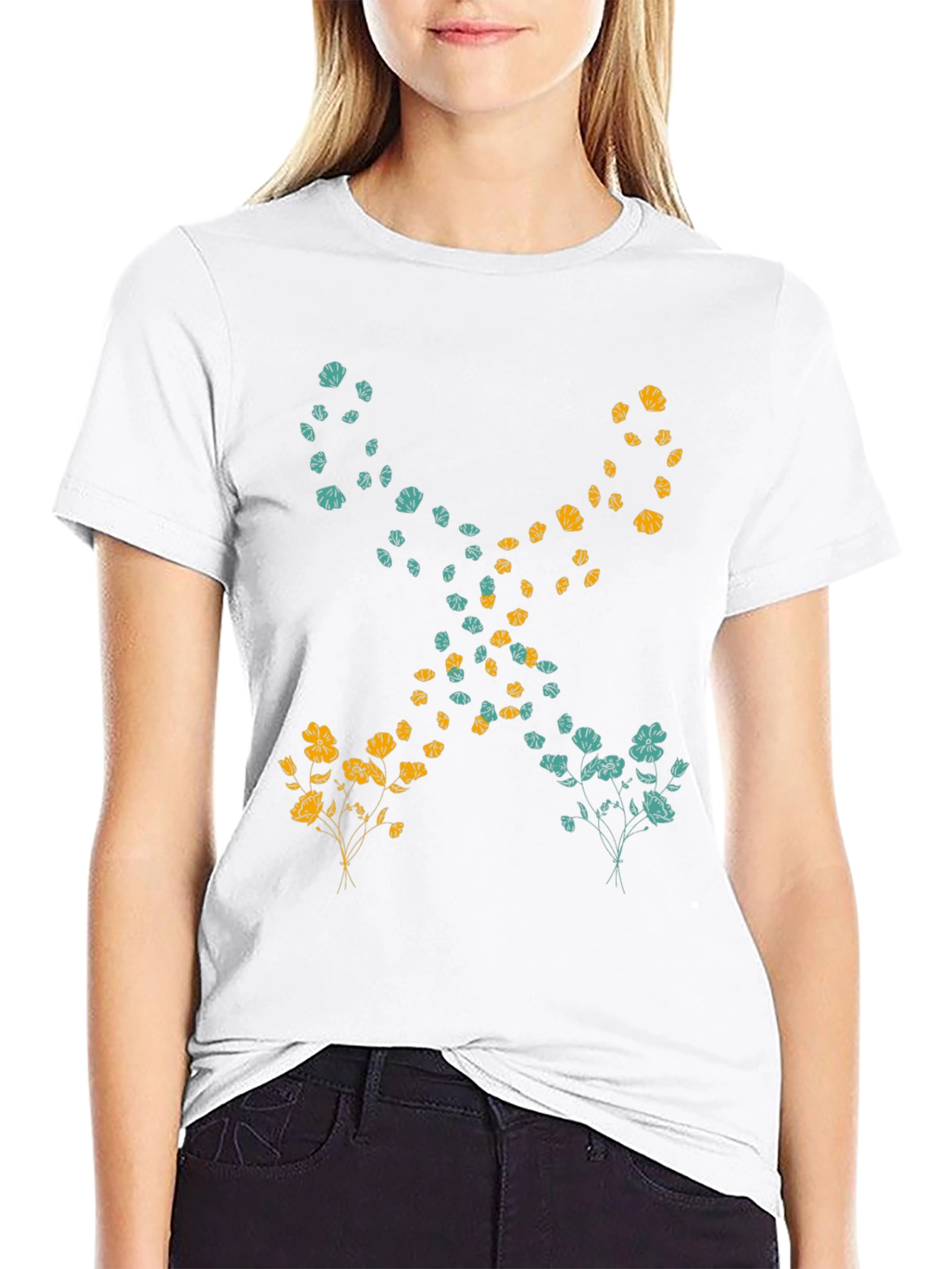 Floral Pattern Black Casual T-Shirt